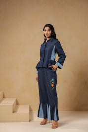 Geo Flare Coord Set – Chic denim co-ord with floral embroidery and geometric panel flare