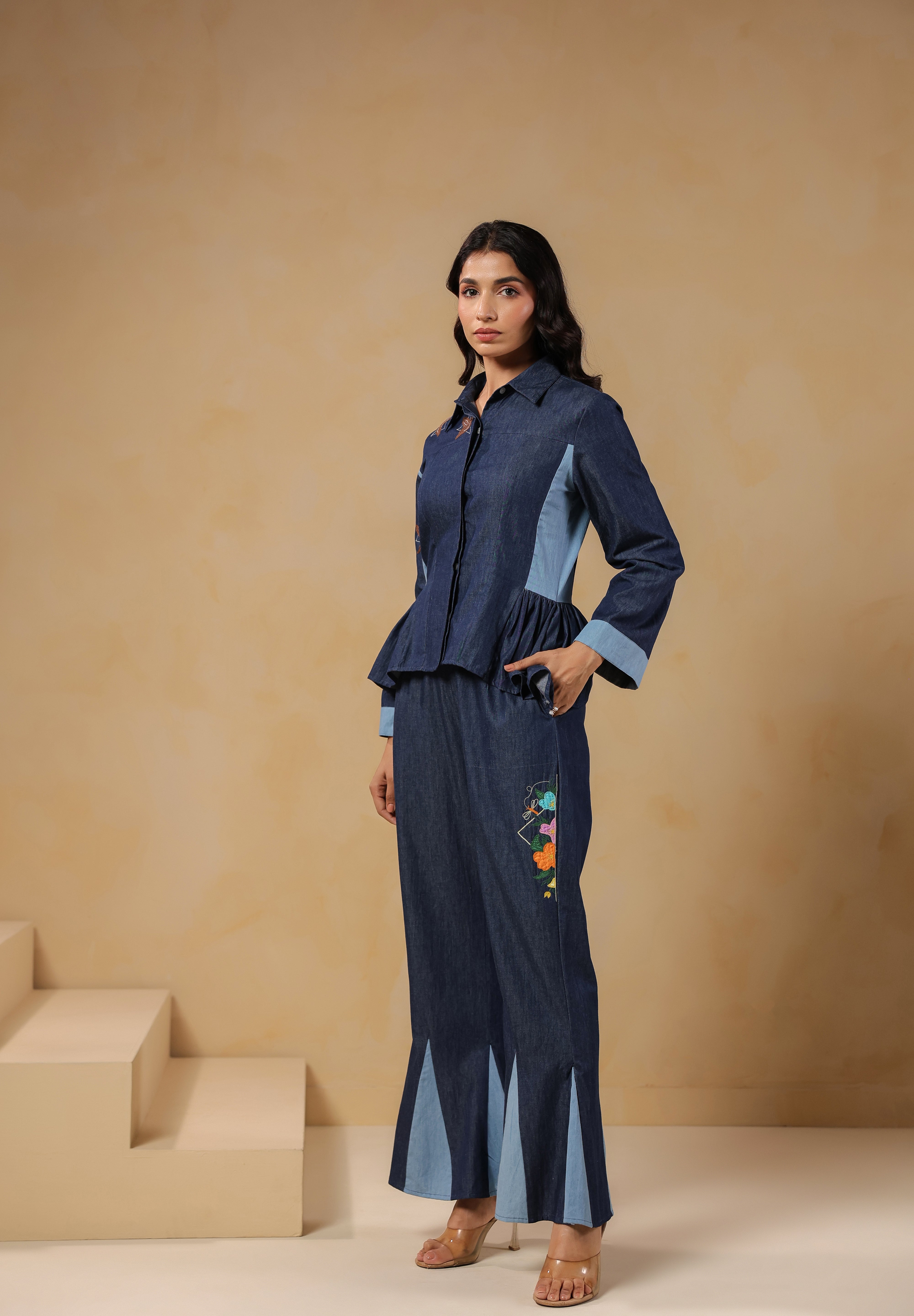 Geo Flare Coord Set – Chic denim co-ord with floral embroidery and geometric panel flare