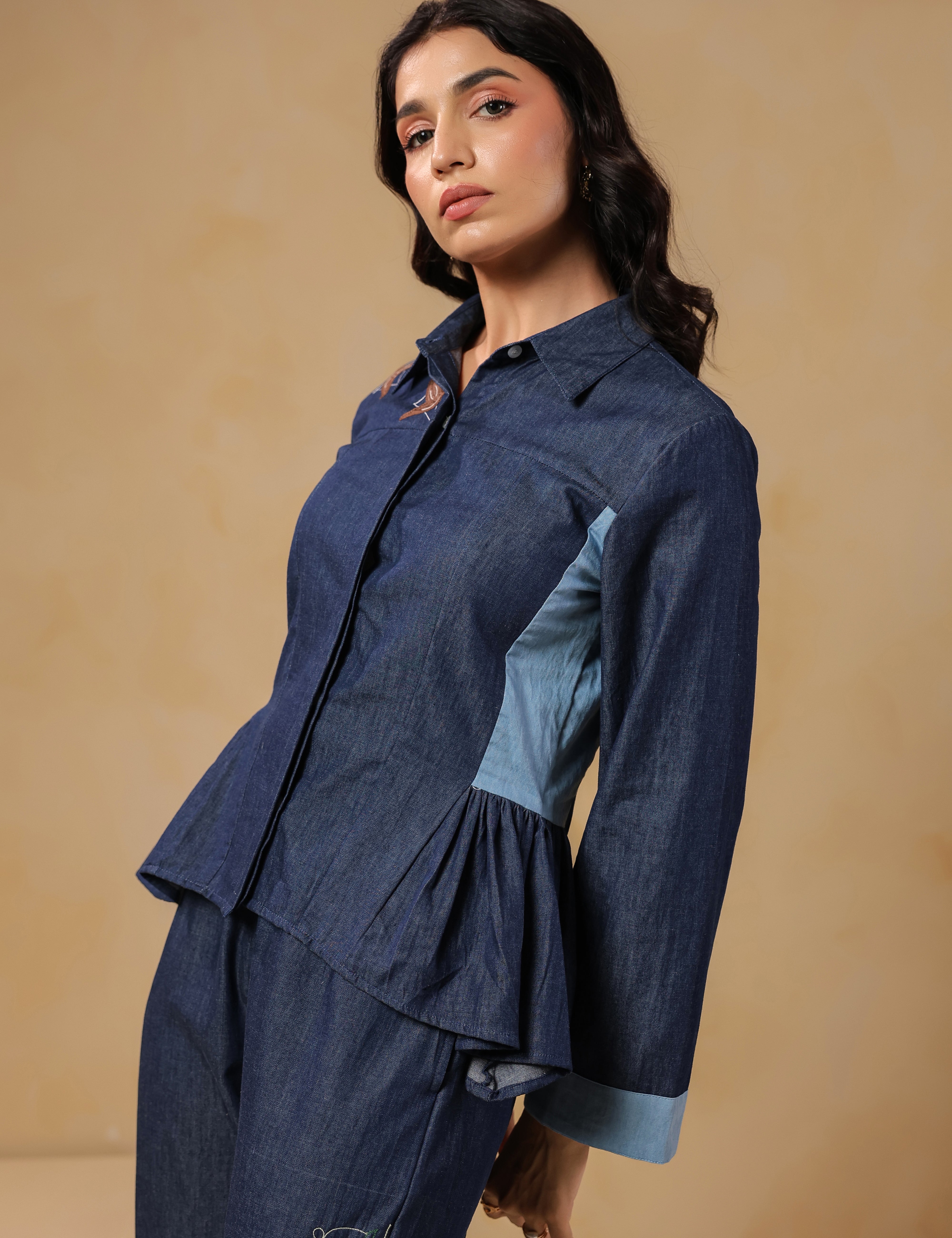Elegant Geo Flare Coord Set – Side angle of modern denim co-ord with dual-tone flare pants