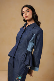 Elegant Geo Flare Coord Set – Side angle of modern denim co-ord with dual-tone flare pants