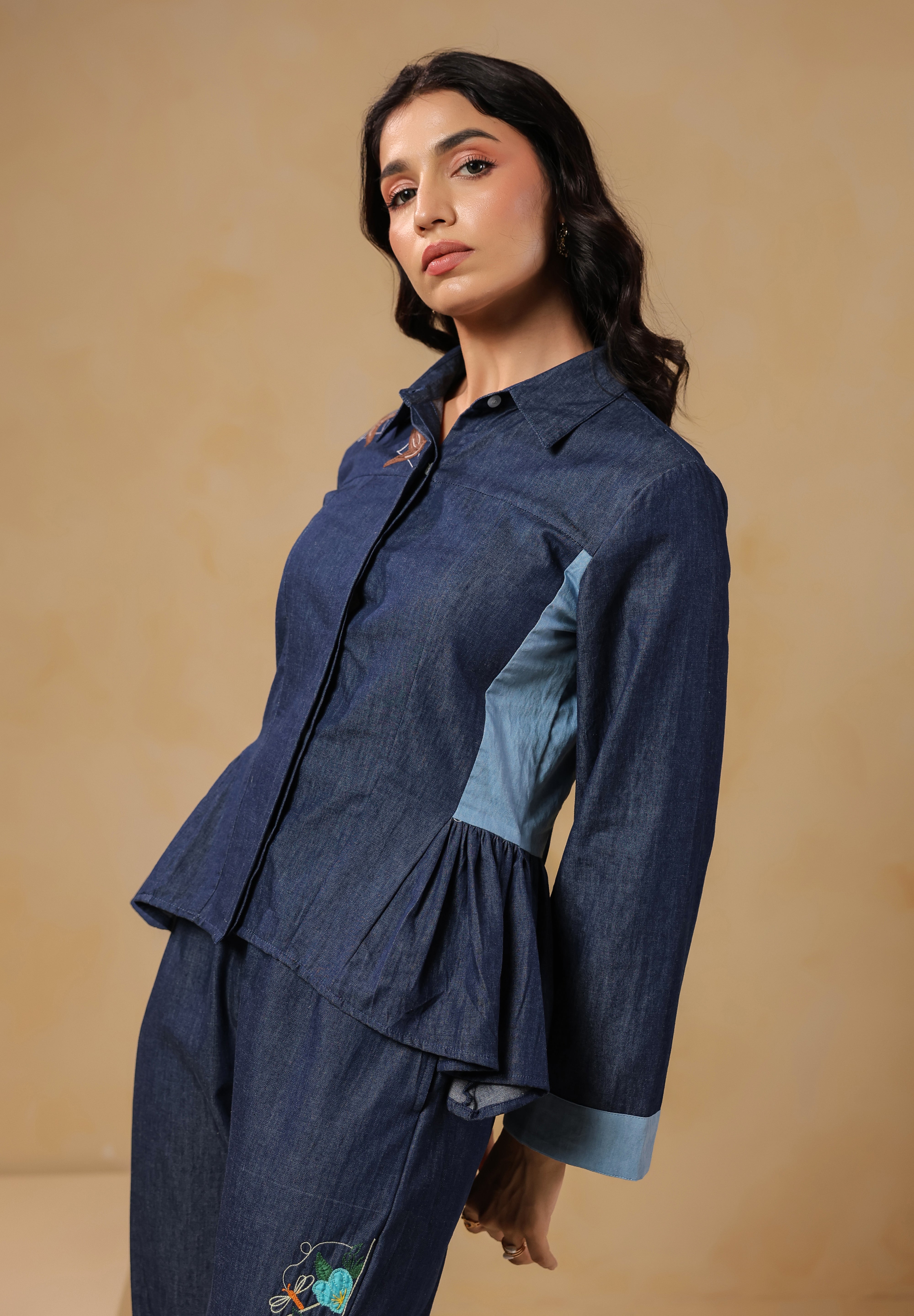 Elegant Geo Flare Coord Set – Side angle of modern denim co-ord with dual-tone flare pants