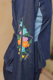 Geo Flare Coord Set – Close-up of sleeve floral embroidery with vibrant multicolor threadwork
