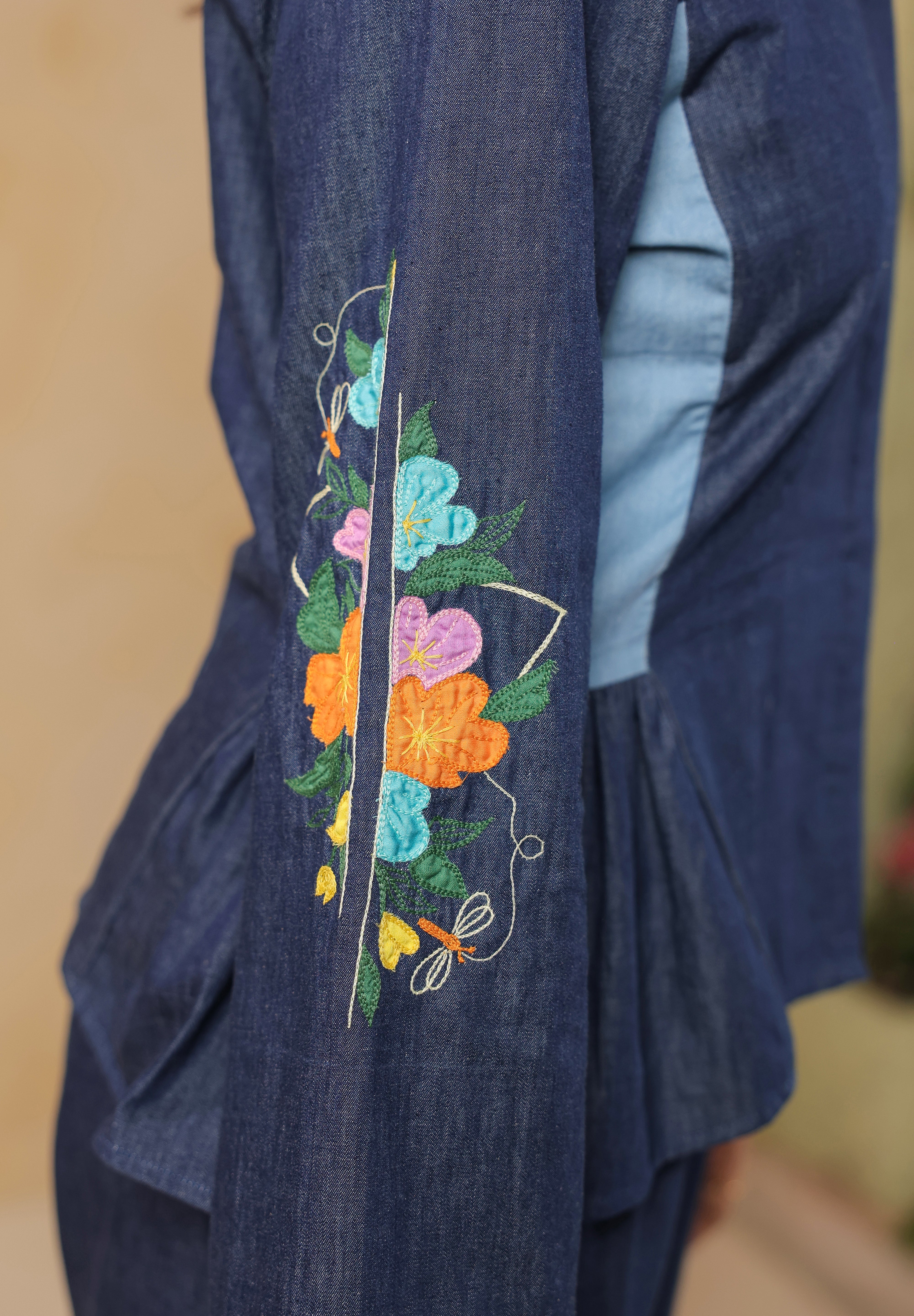 Geo Flare Coord Set – Close-up of sleeve floral embroidery with vibrant multicolor threadwork
