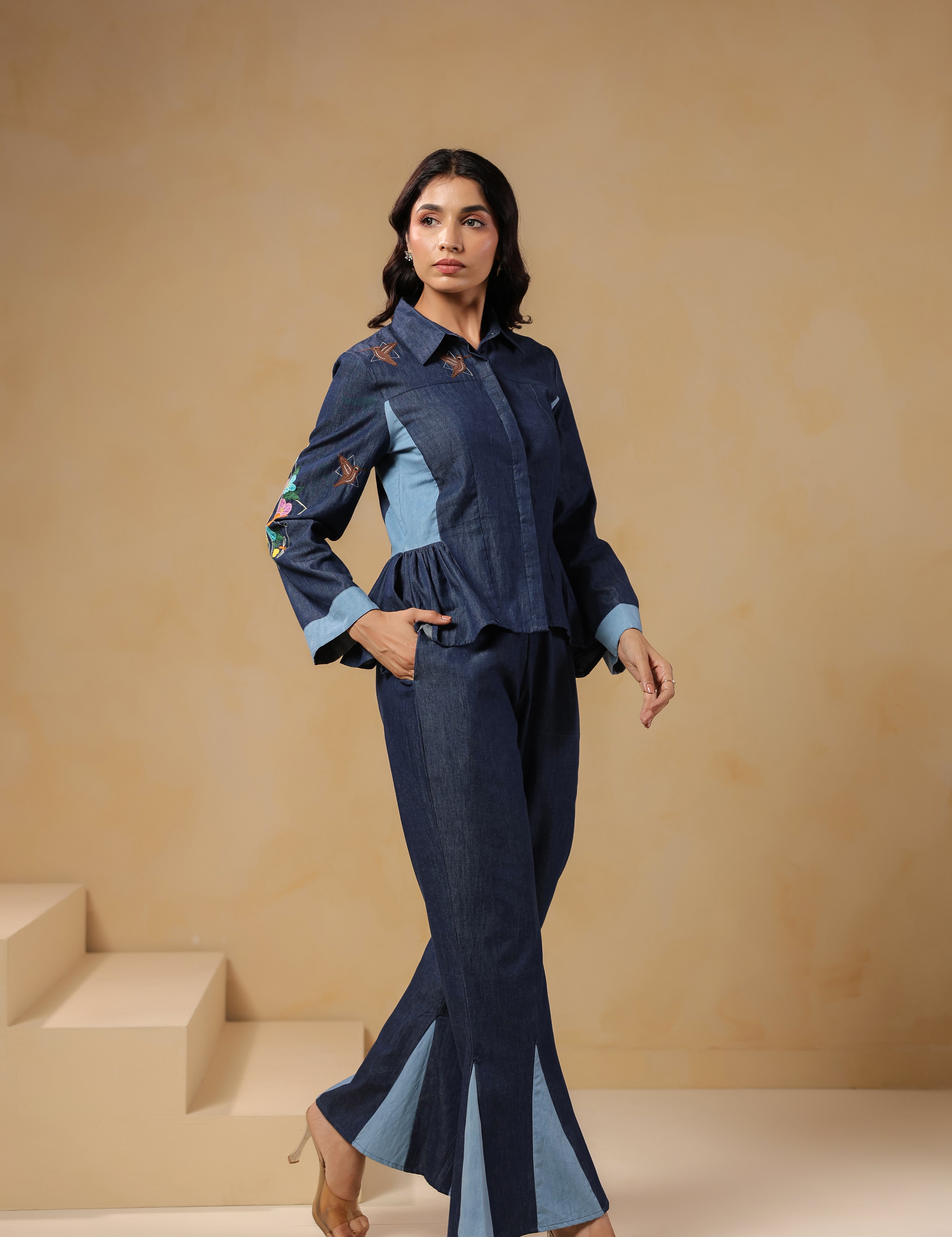 Stylish Geo Flare Coord Set – Two-tone denim pants with flowy peplum shirt in motion