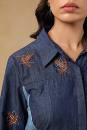 Denim Geo Flare Coord Set – Intricate bird embroidery on collar with geometric detailing