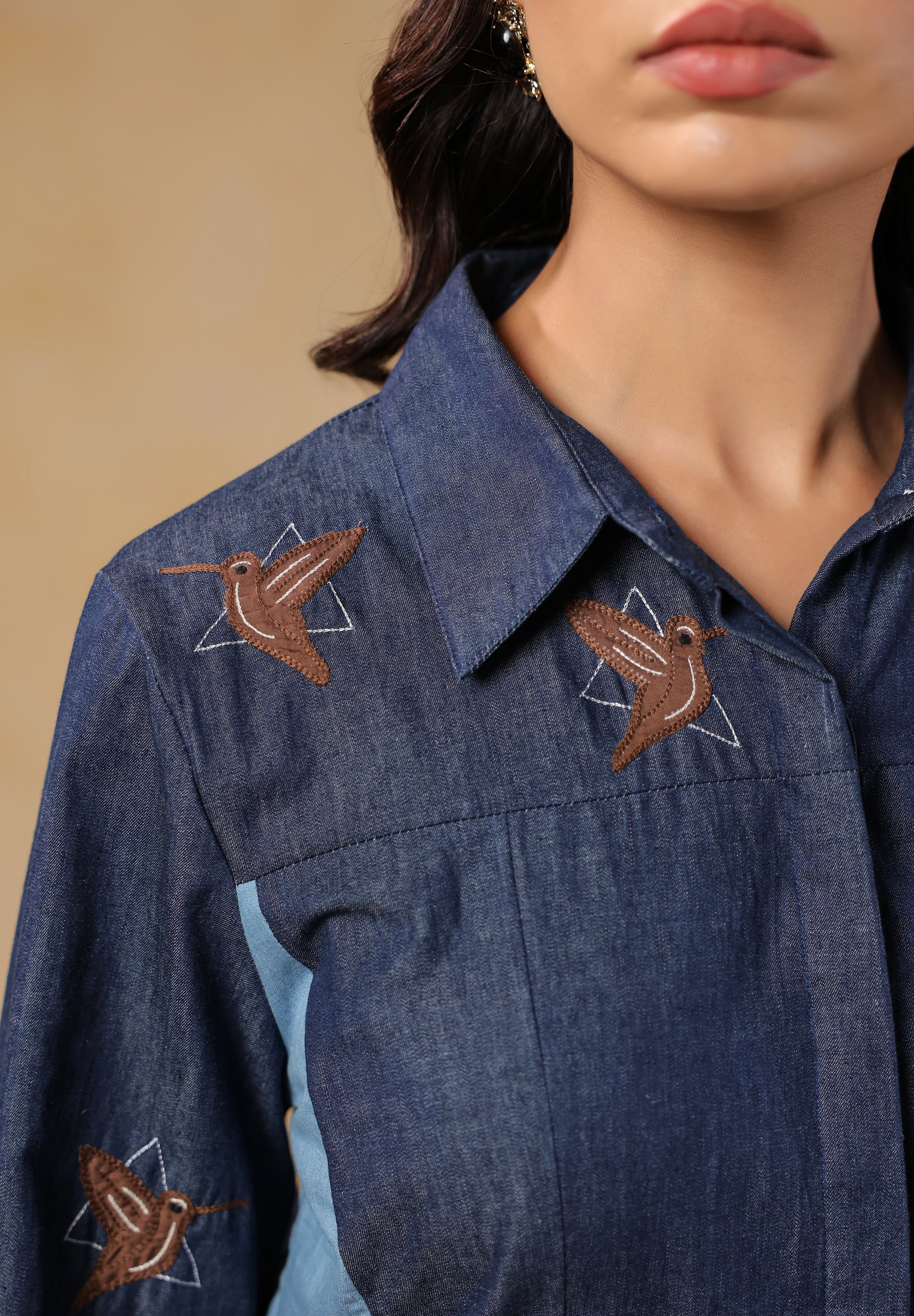 Denim Geo Flare Coord Set – Intricate bird embroidery on collar with geometric detailing