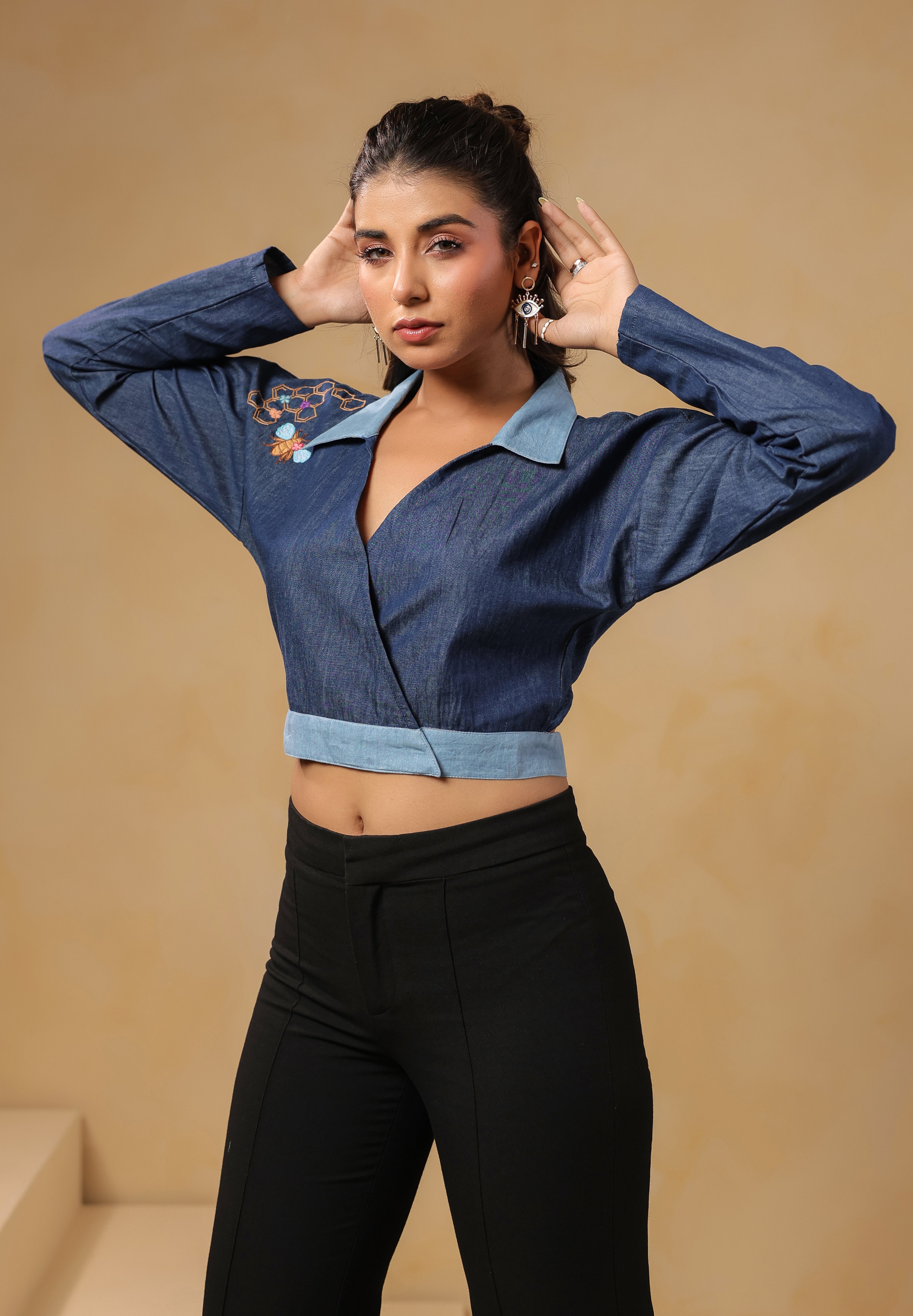 Hexabee Wrap Top with honeycomb embroidery and deep V-neck wrap front