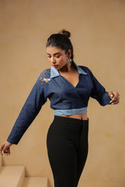 Hexabee Wrap Top with honeycomb embroidery and deep V-neck wrap front