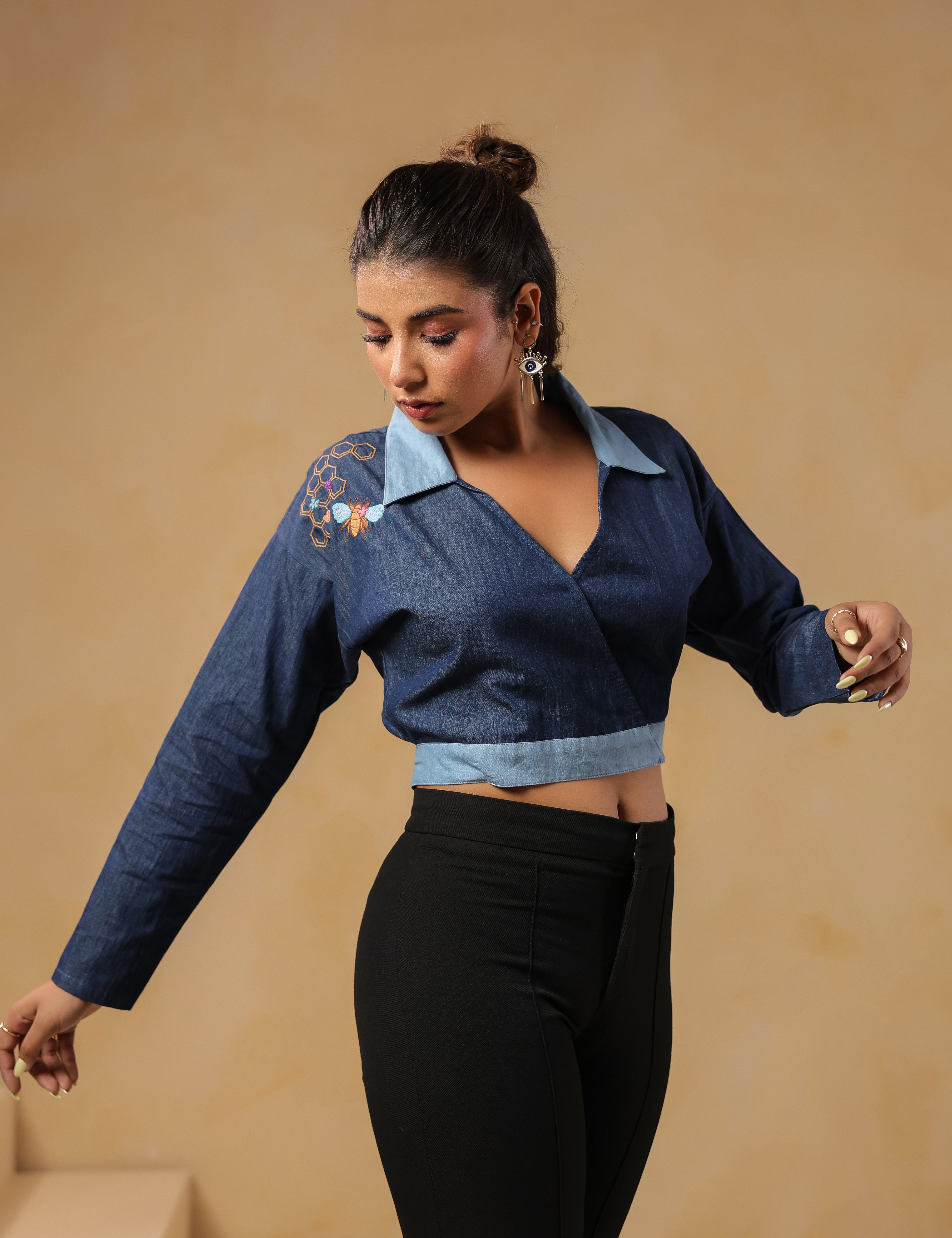 Hexabee Wrap Top with honeycomb embroidery and deep V-neck wrap front