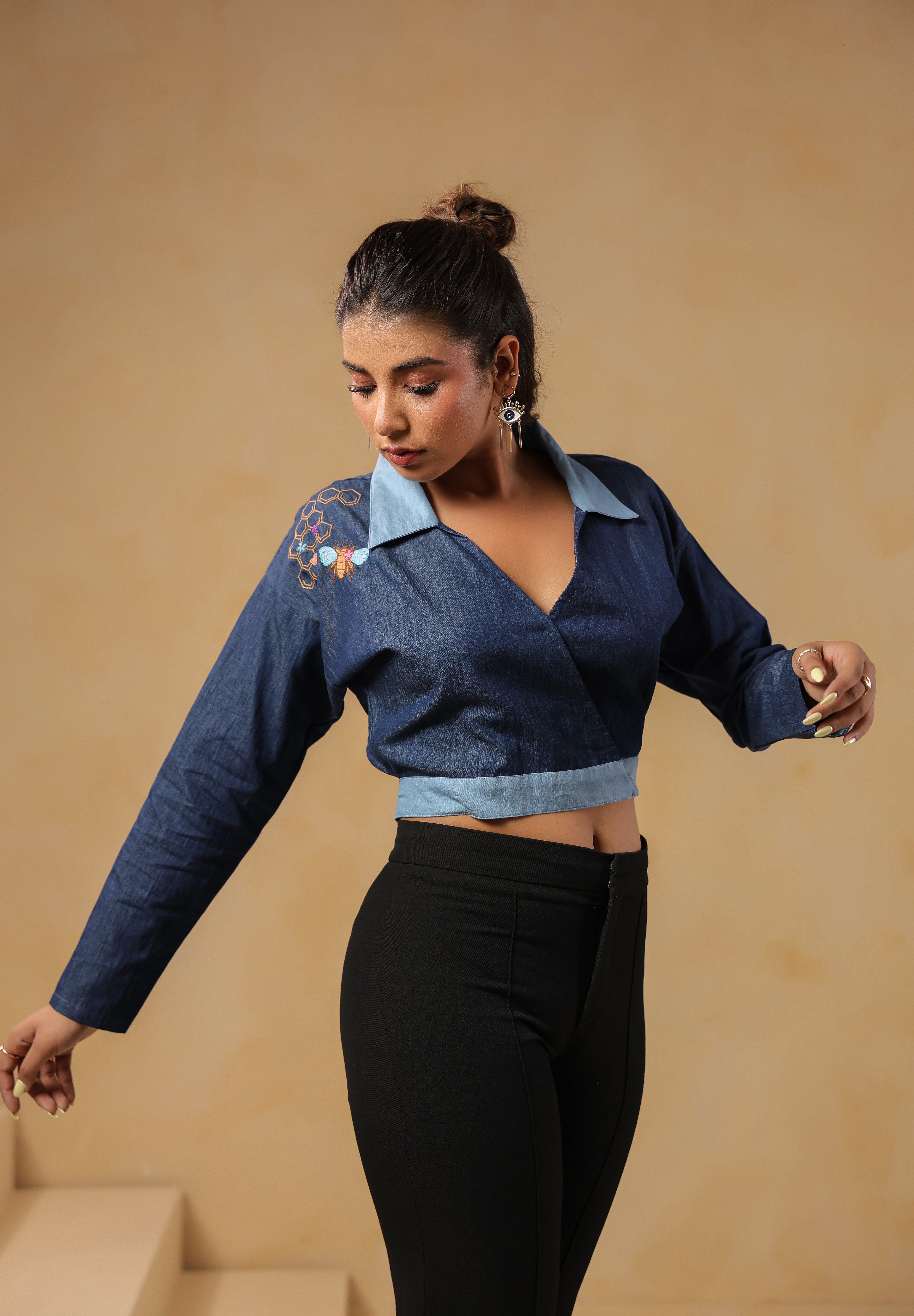 Hexabee Wrap Top with honeycomb embroidery and deep V-neck wrap front