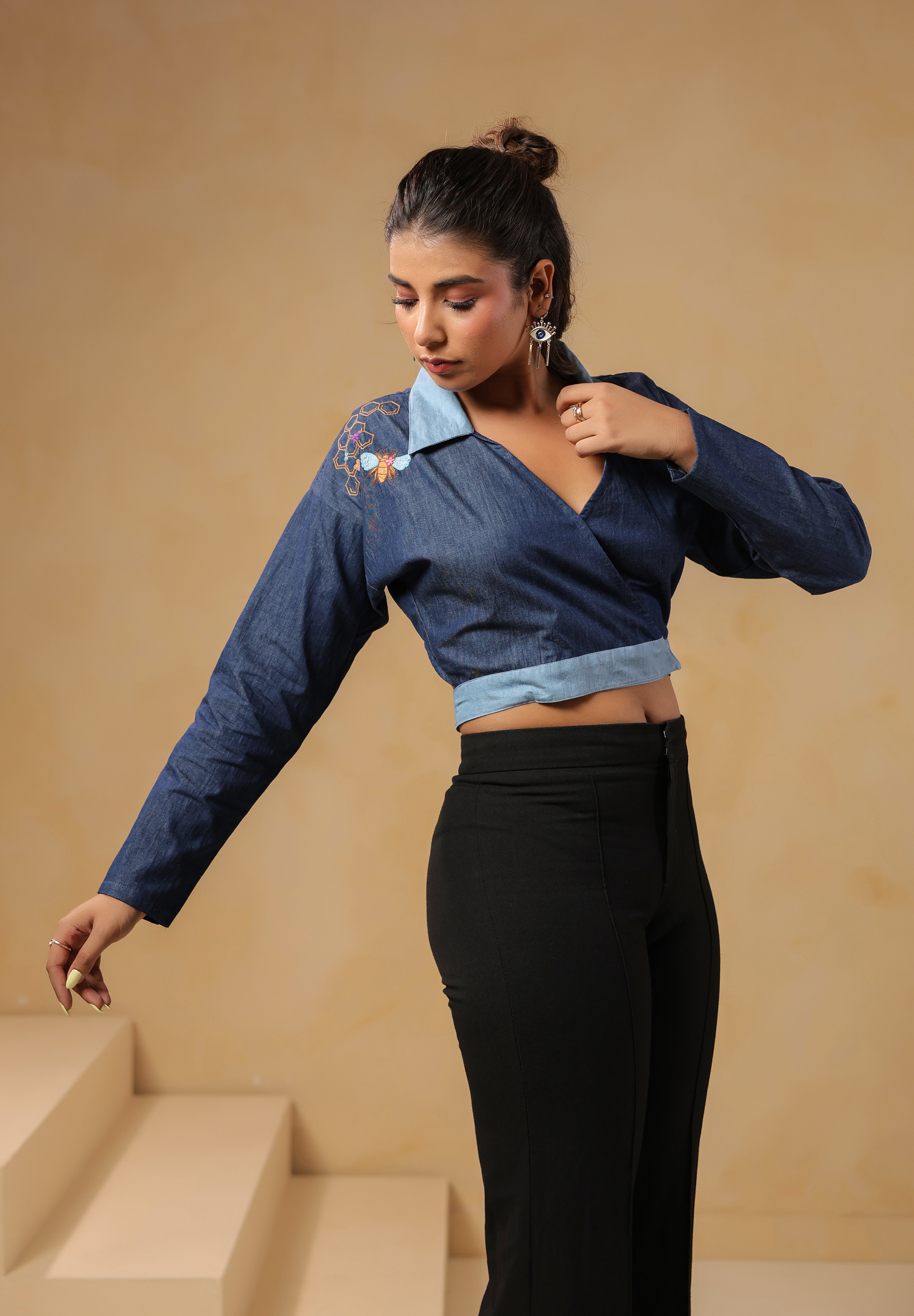 Hexabee Wrap Top with honeycomb embroidery and deep V-neck wrap front