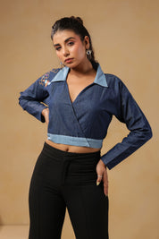Hexabee Wrap Top in denim featuring a modern cropped silhouette and contrast collar