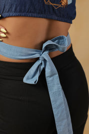 Denim tie-up bow detail at the back of Hexabee Wrap Top