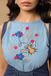 Honeybee Midi Dress – Honeycomb and floral embroidery detailing on soft blue denim