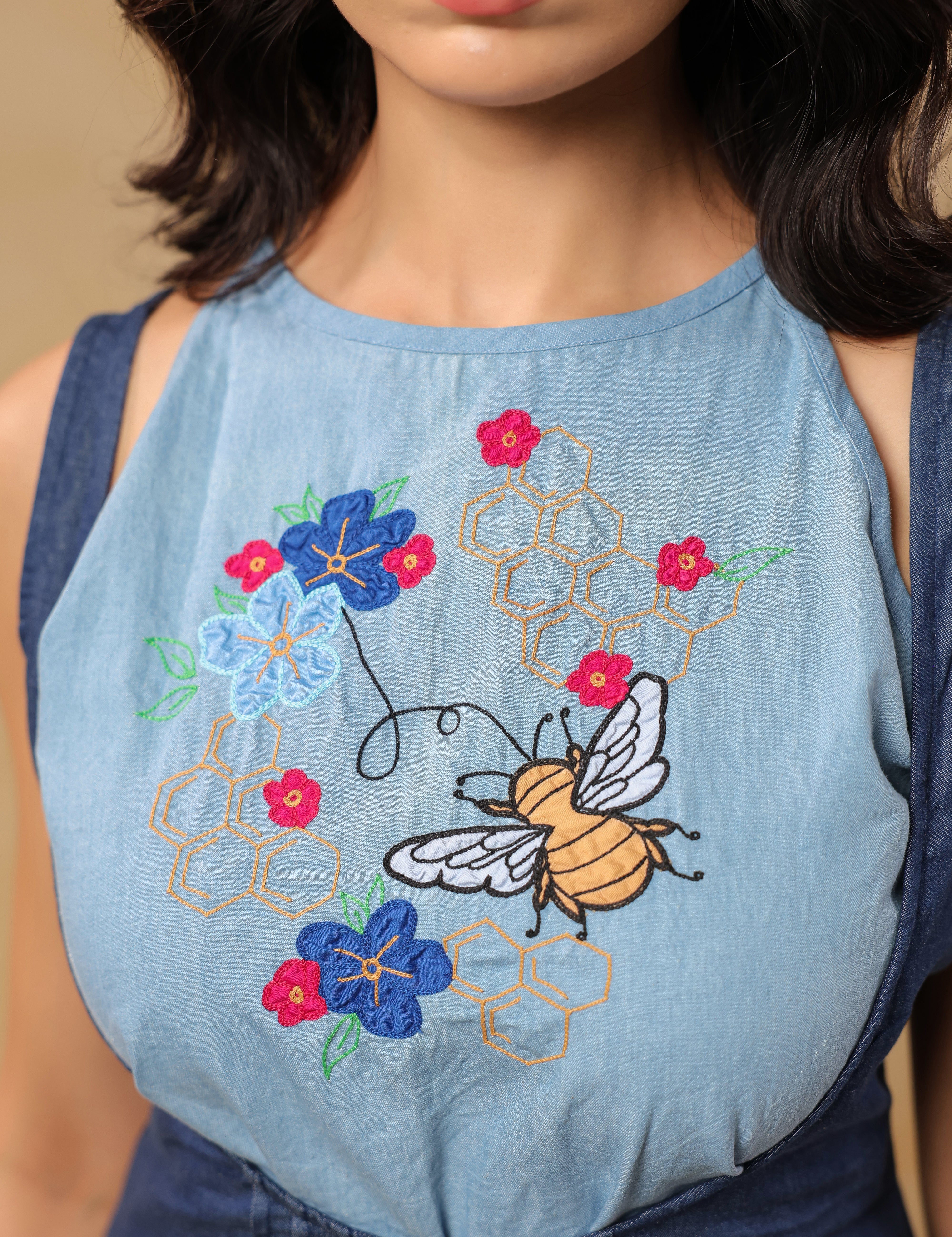 Honeybee Midi Dress – Honeycomb and floral embroidery detailing on soft blue denim