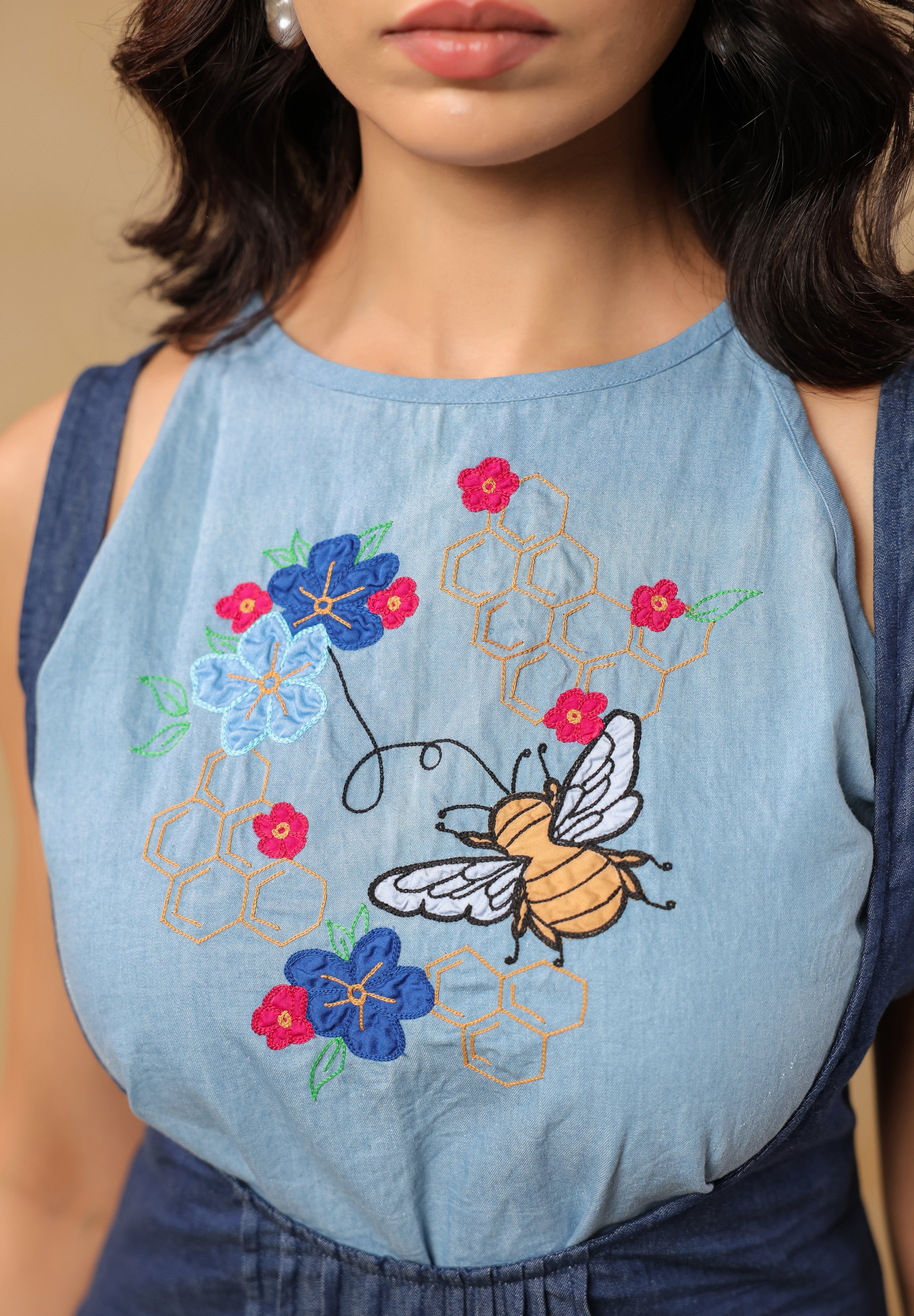 Honeybee Midi Dress – Honeycomb and floral embroidery detailing on soft blue denim