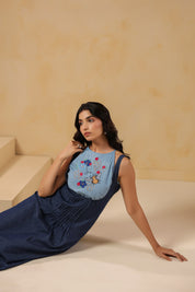 Honeybee Midi Dress – Focused embroidery close-up of bee surrounded by florals