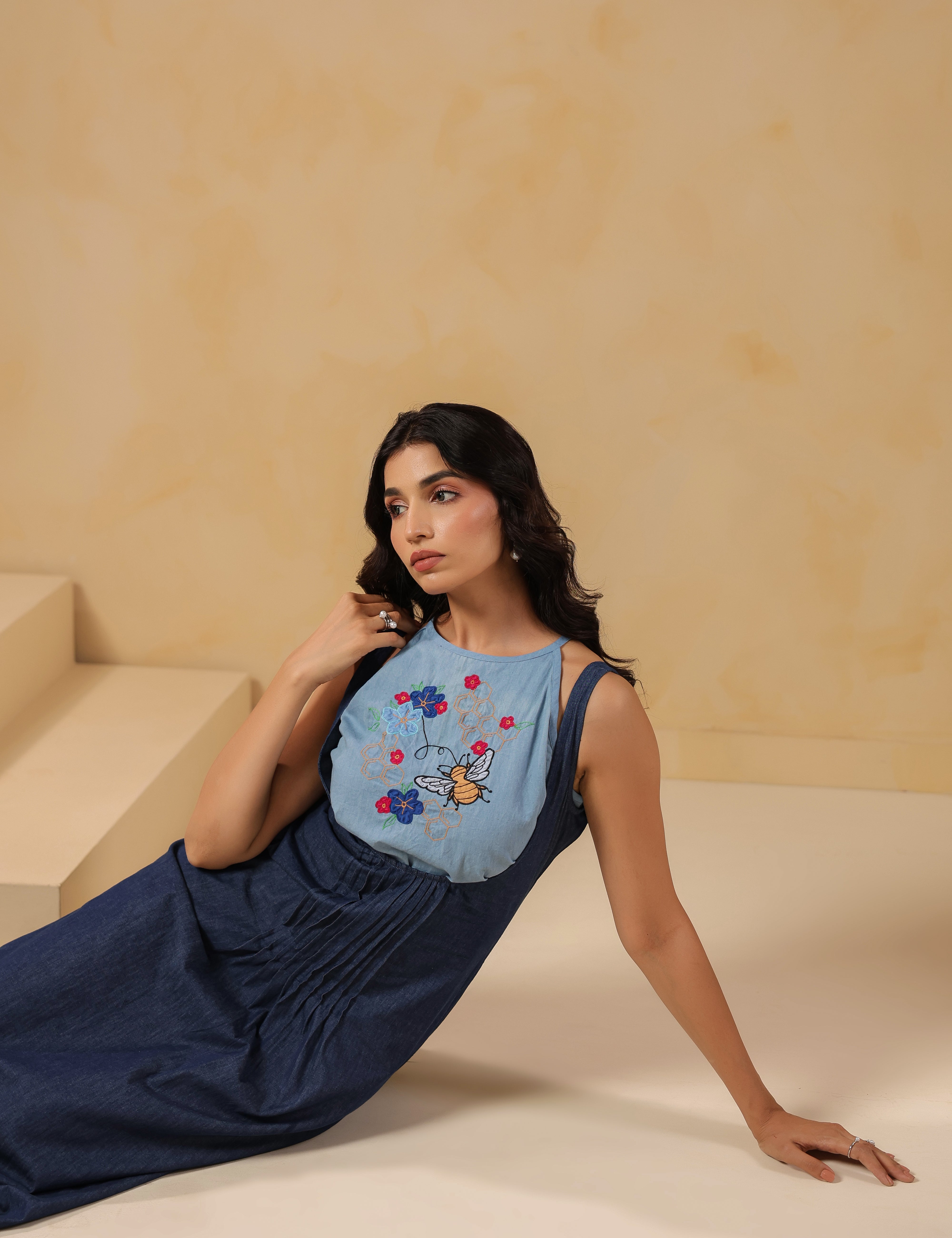 Honeybee Midi Dress – Focused embroidery close-up of bee surrounded by florals