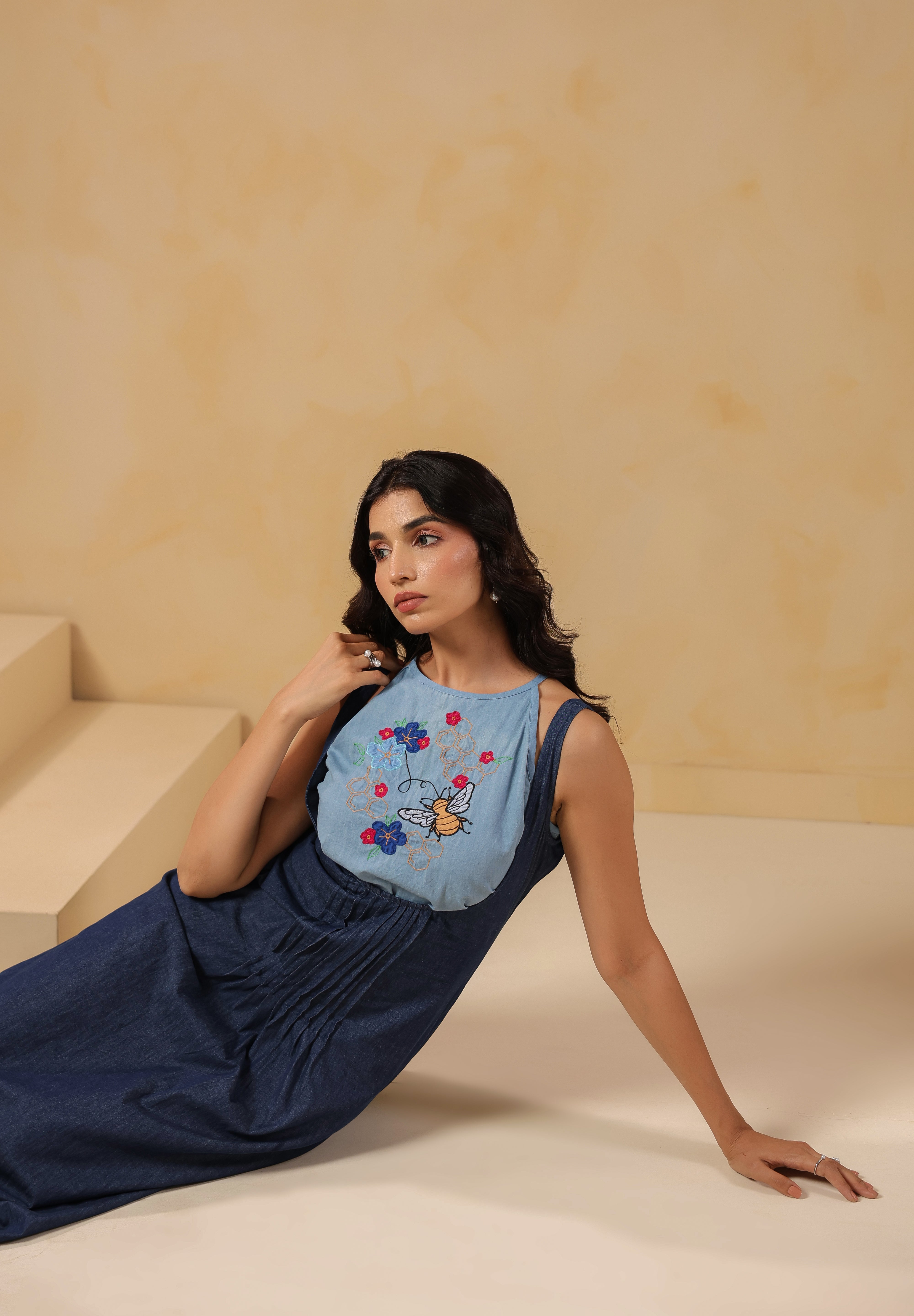Honeybee Midi Dress – Focused embroidery close-up of bee surrounded by florals