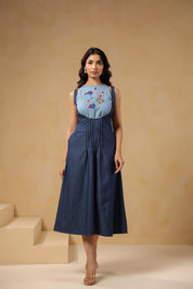 Honeybee Midi Dress – Front view with honeybee and floral embroidery on bib-style yoke