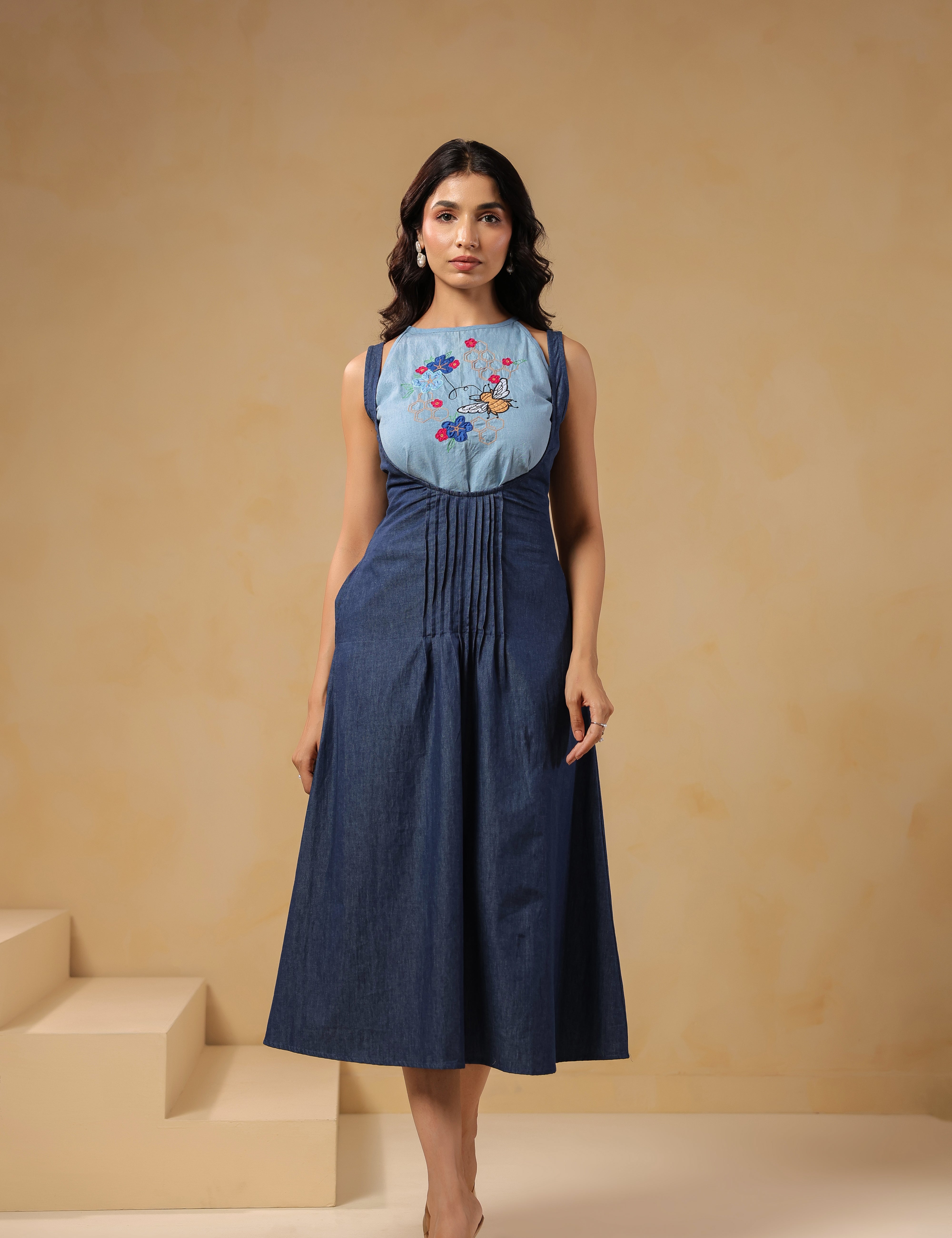 Honeybee Midi Dress – Front view with honeybee and floral embroidery on bib-style yoke