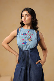 Honeybee Midi Dress – Honeycomb and floral embroidery detailing on soft blue denim