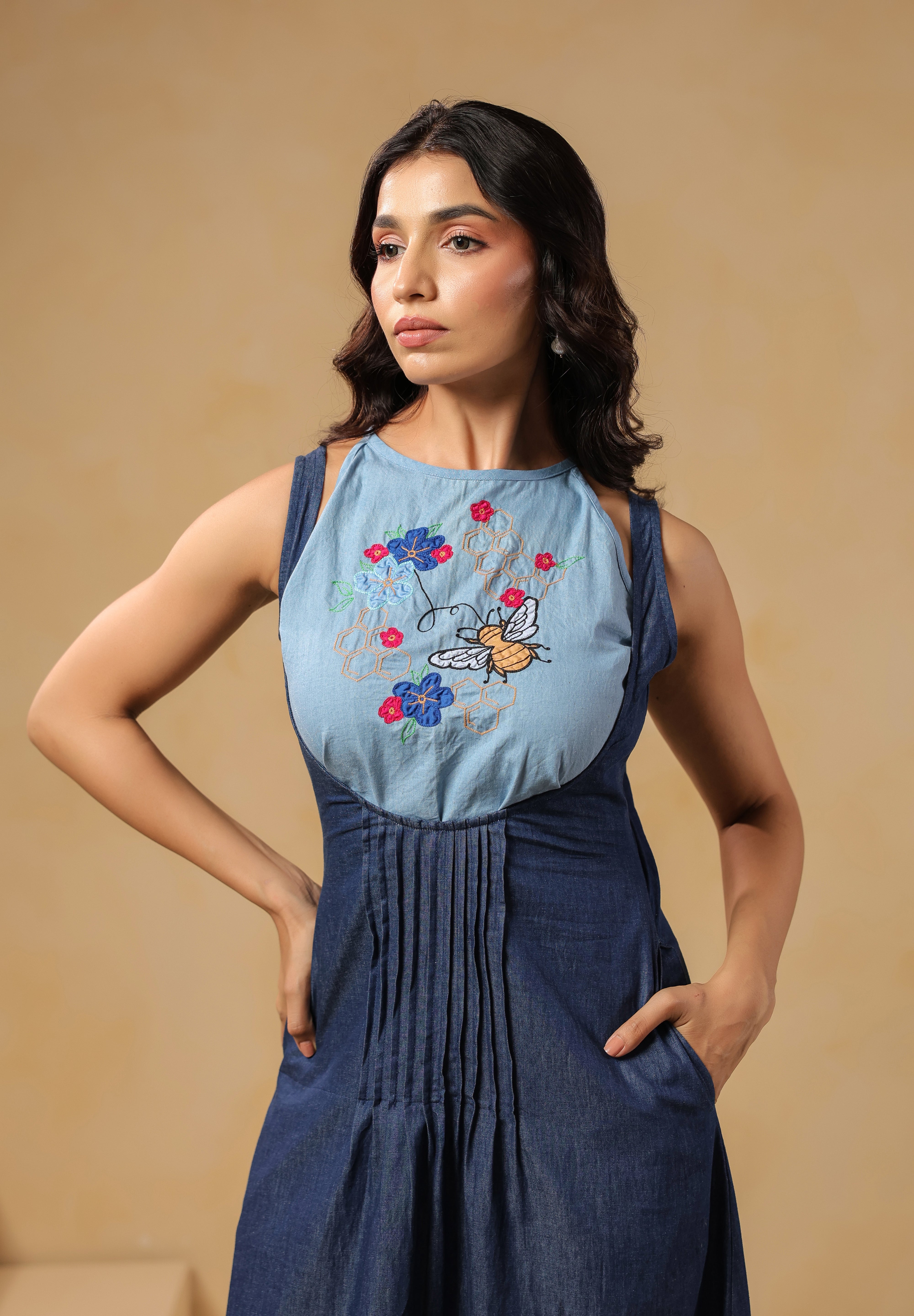 Honeybee Midi Dress – Honeycomb and floral embroidery detailing on soft blue denim
