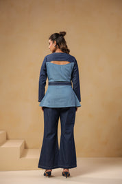 Back view of Ridah's Hummingbloom Coord Set in breathable dual-tone denim featuring a sculpted flare and signature back cutout for modern structure and ease.