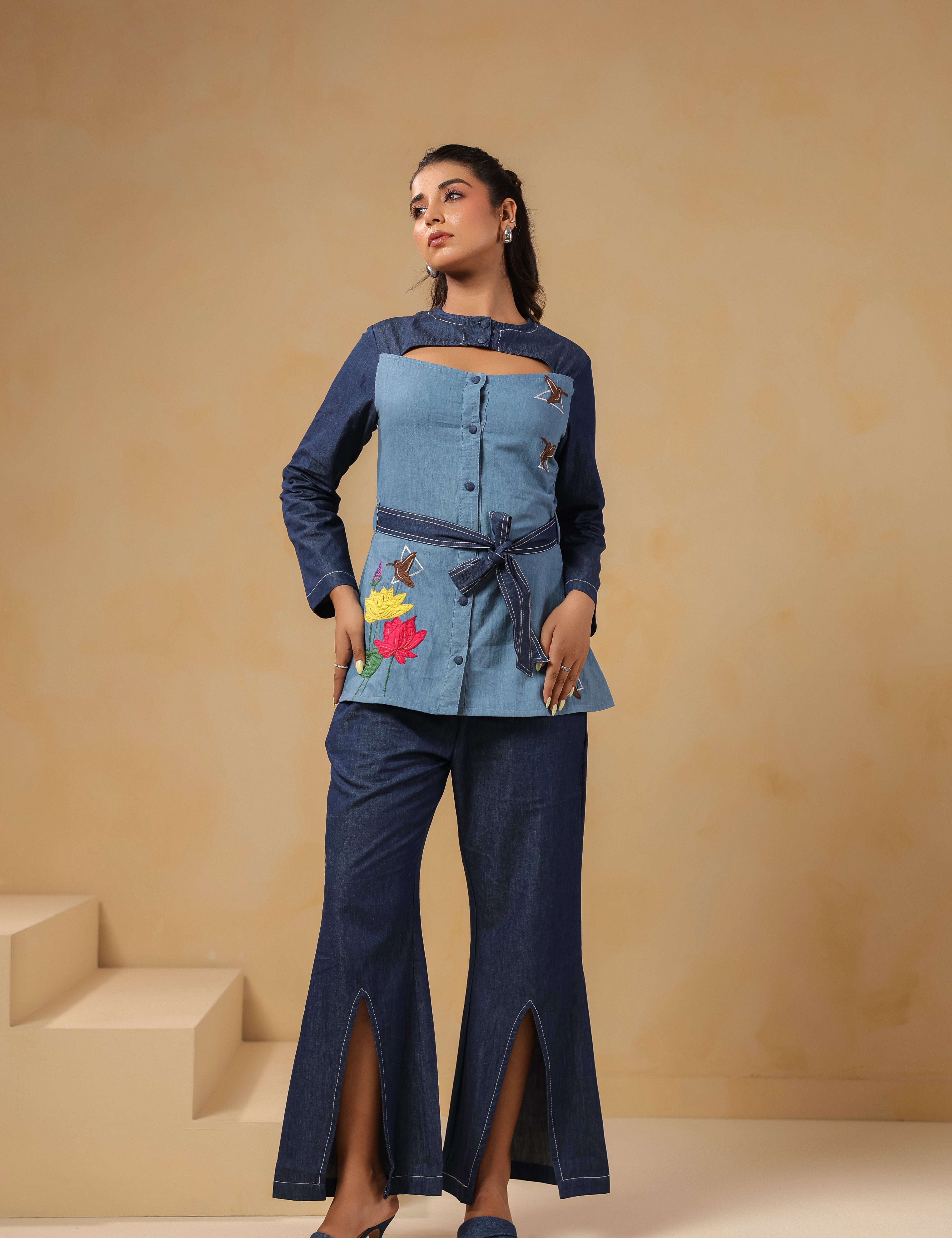 Full front look of Ridah's Hummingbloom Coord Set — a contemporary denim co-ord with floral lotus embroidery and bird motifs, ideal for statement casualwear.