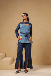 Full front look of Ridah's Hummingbloom Coord Set — a contemporary denim co-ord with floral lotus embroidery and bird motifs, ideal for statement casualwear.