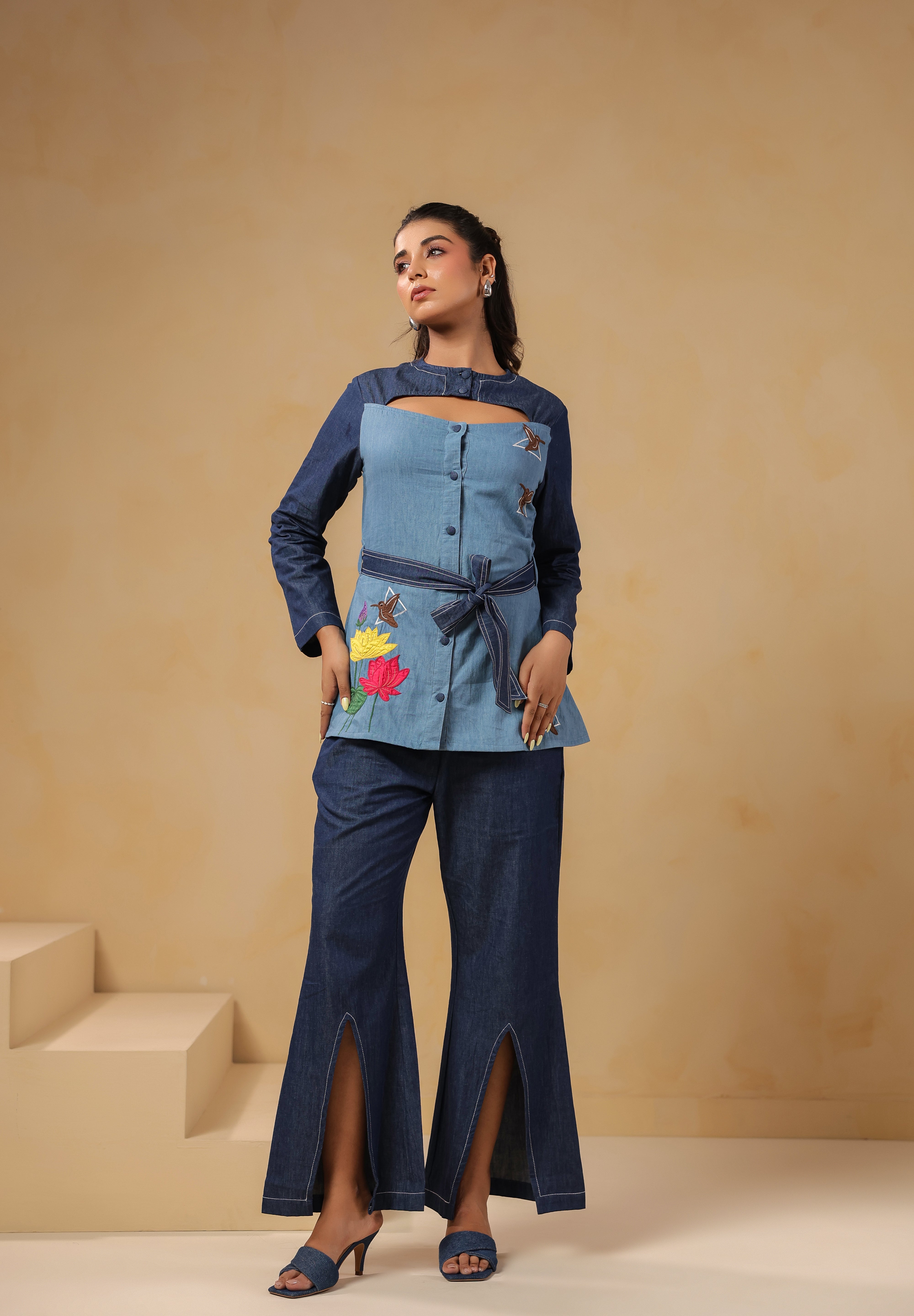 Full front look of Ridah's Hummingbloom Coord Set — a contemporary denim co-ord with floral lotus embroidery and bird motifs, ideal for statement casualwear.