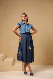 Full front look of Meadowflair Coord Set with structured flutter-sleeve top and botanical denim skirt — a casual yet elevated look for everyday charm.