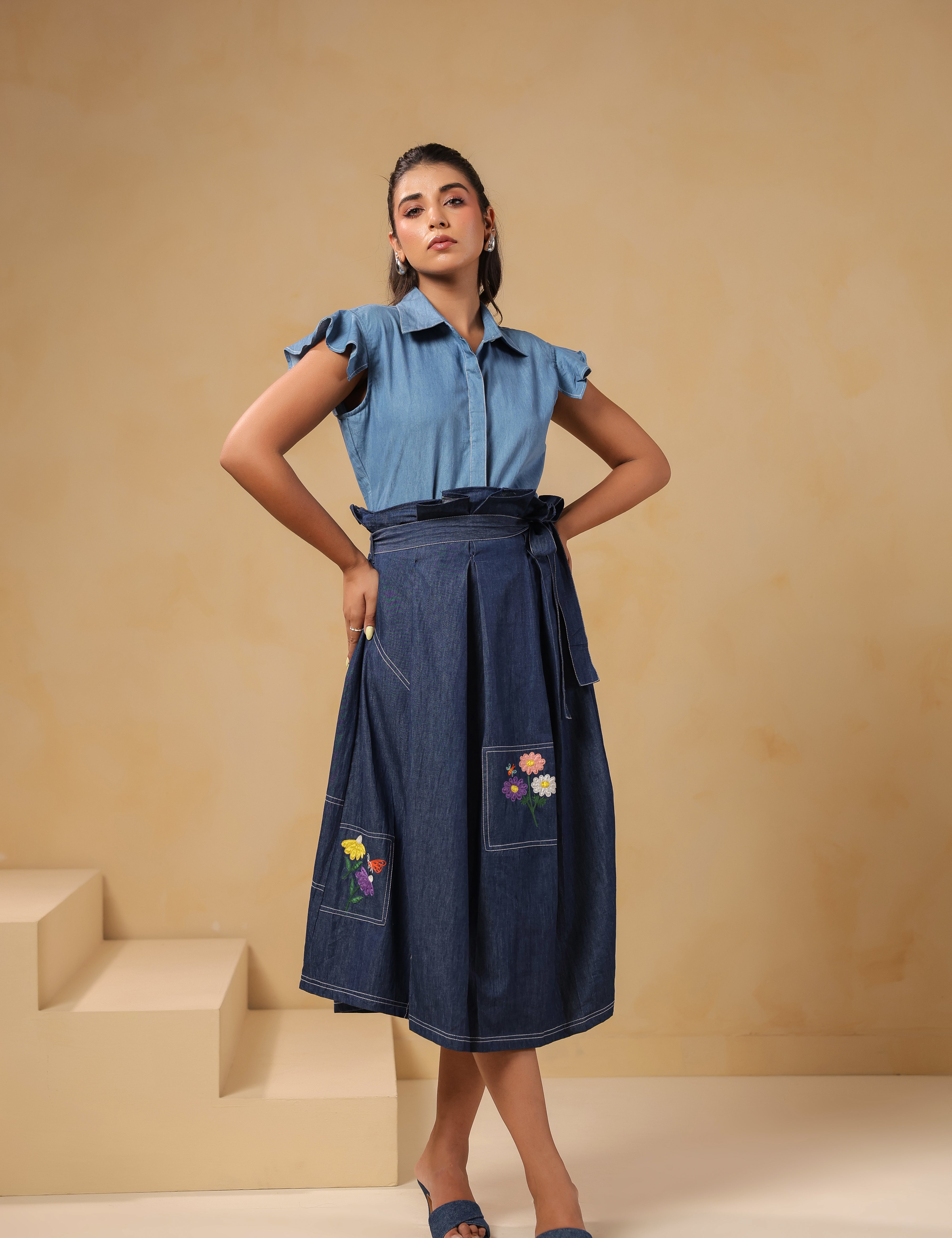 Full front look of Meadowflair Coord Set with structured flutter-sleeve top and botanical denim skirt — a casual yet elevated look for everyday charm.