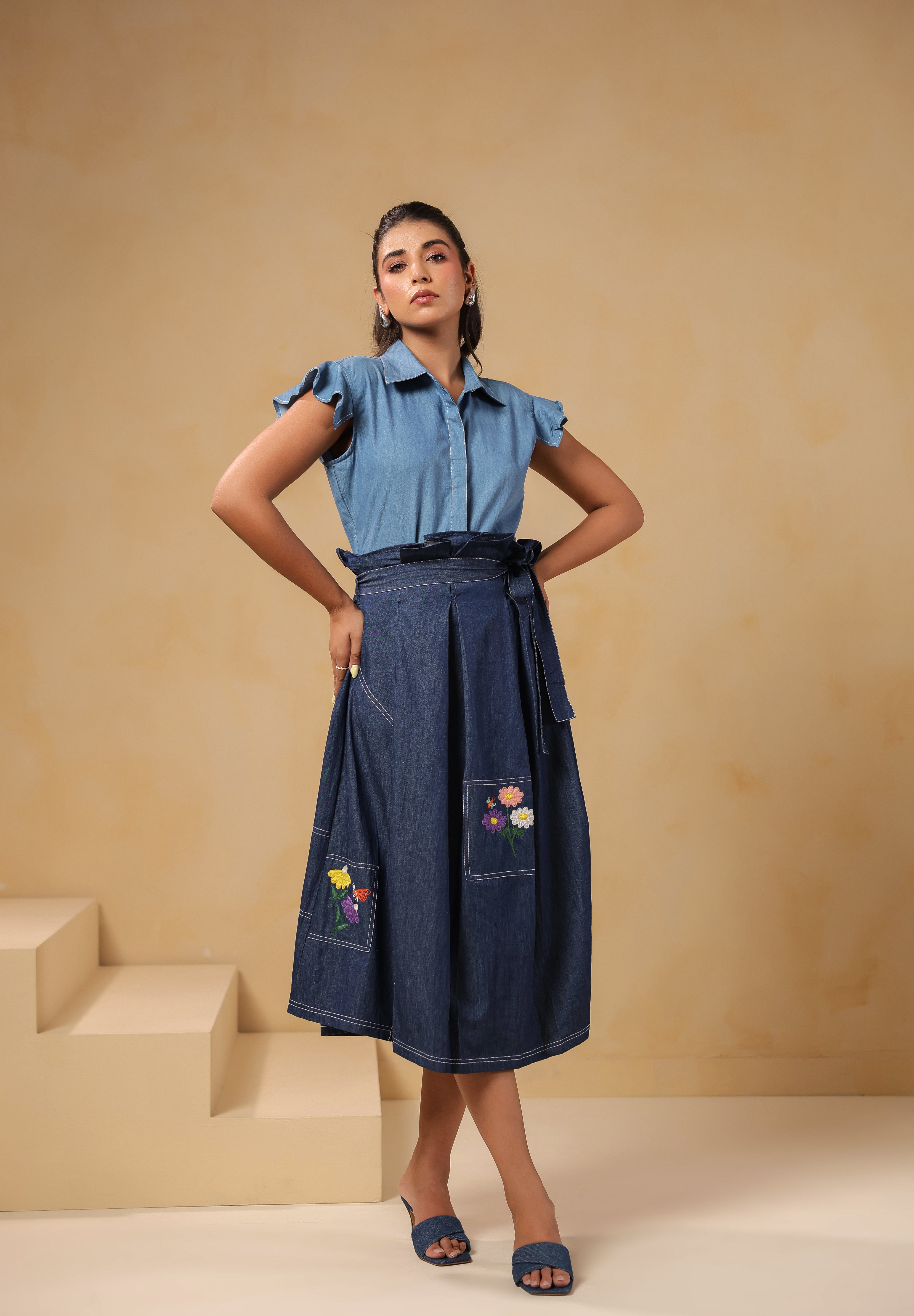 Full front look of Meadowflair Coord Set with structured flutter-sleeve top and botanical denim skirt — a casual yet elevated look for everyday charm.