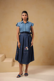 Full front look of Meadowflair Coord Set with structured flutter-sleeve top and botanical denim skirt — a casual yet elevated look for everyday charm.