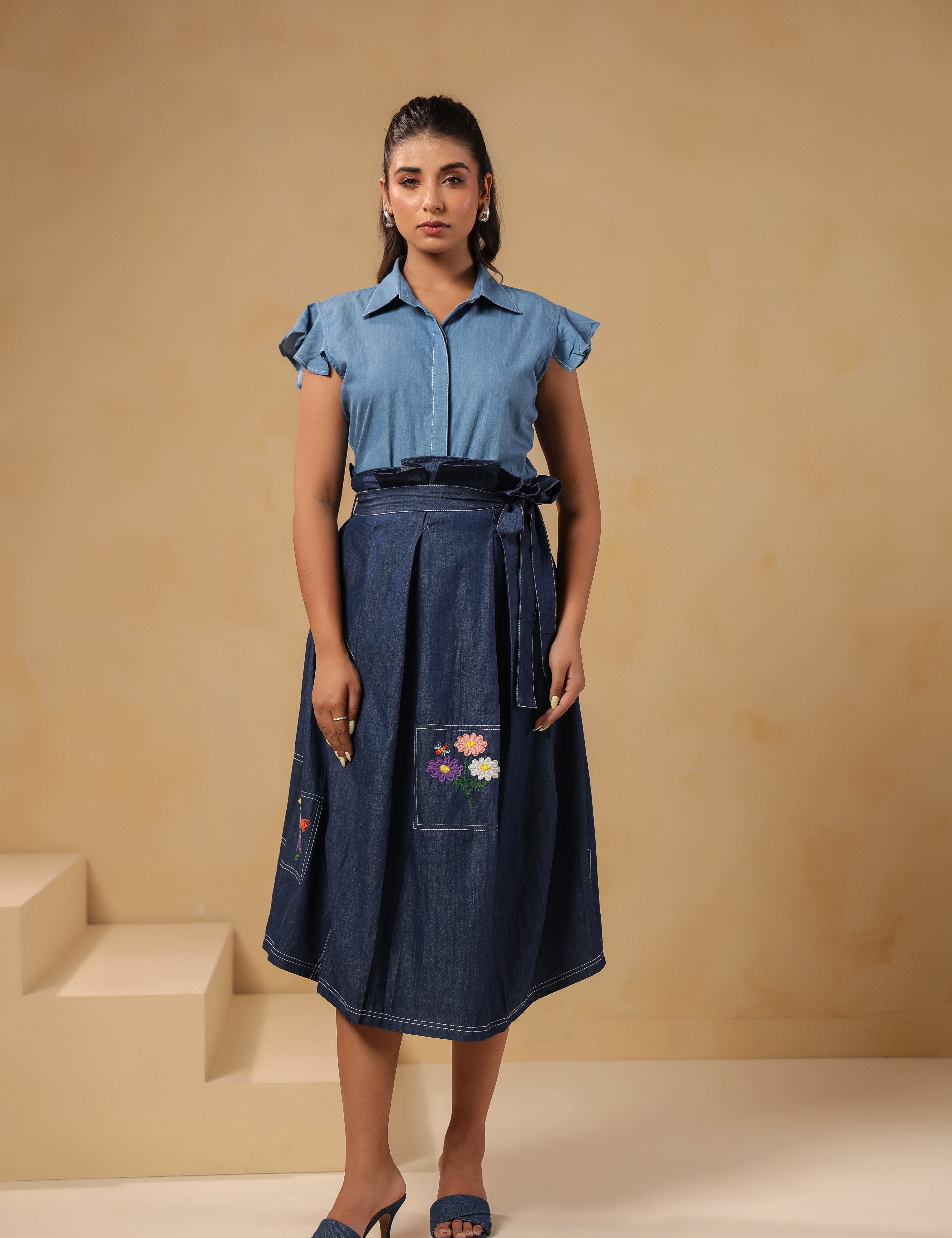 Full front look of Meadowflair Coord Set with structured flutter-sleeve top and botanical denim skirt — a casual yet elevated look for everyday charm.