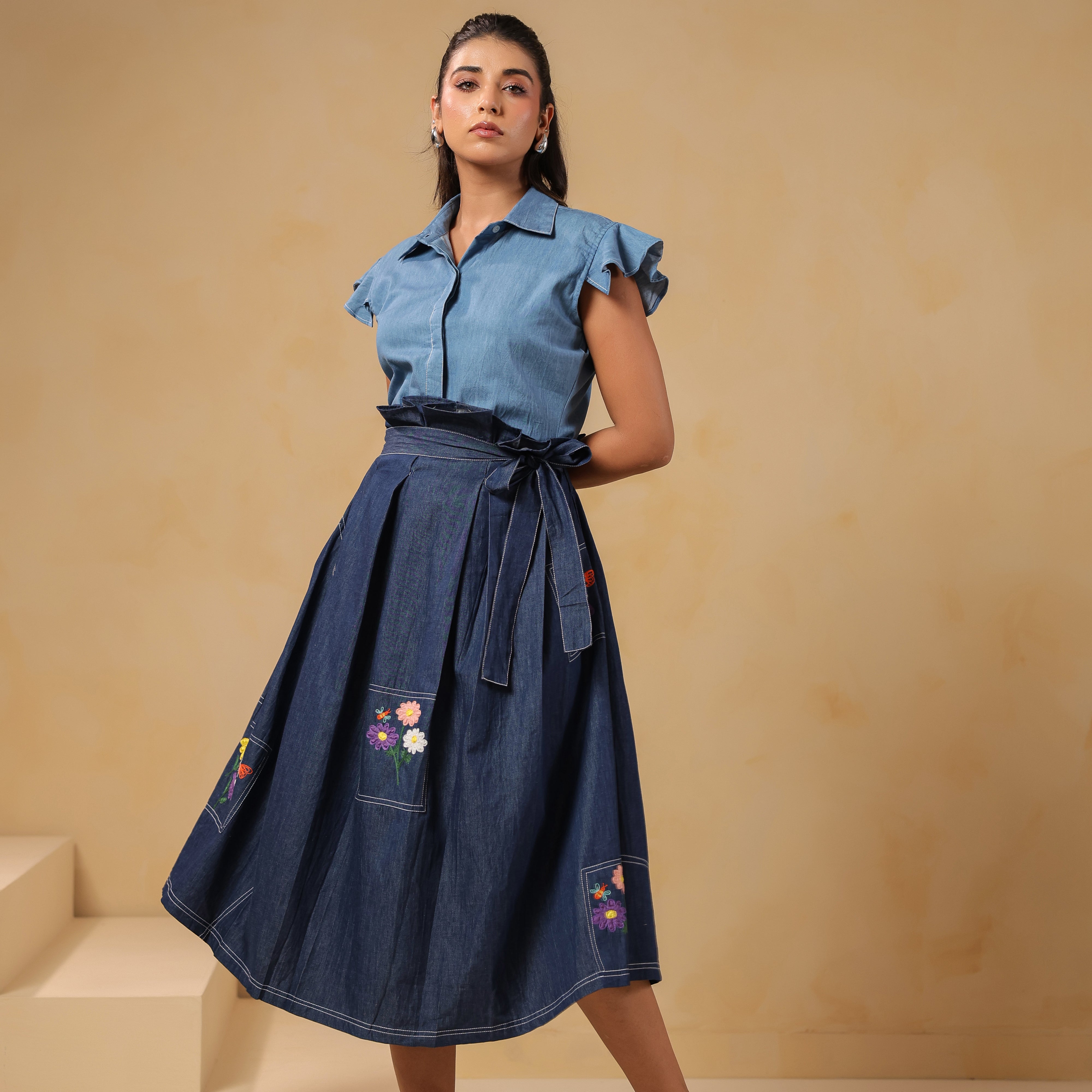Flowing mid-movement pose in Meadowflair Coord Set capturing skirt volume and handcrafted embroidery — where art meets motion.