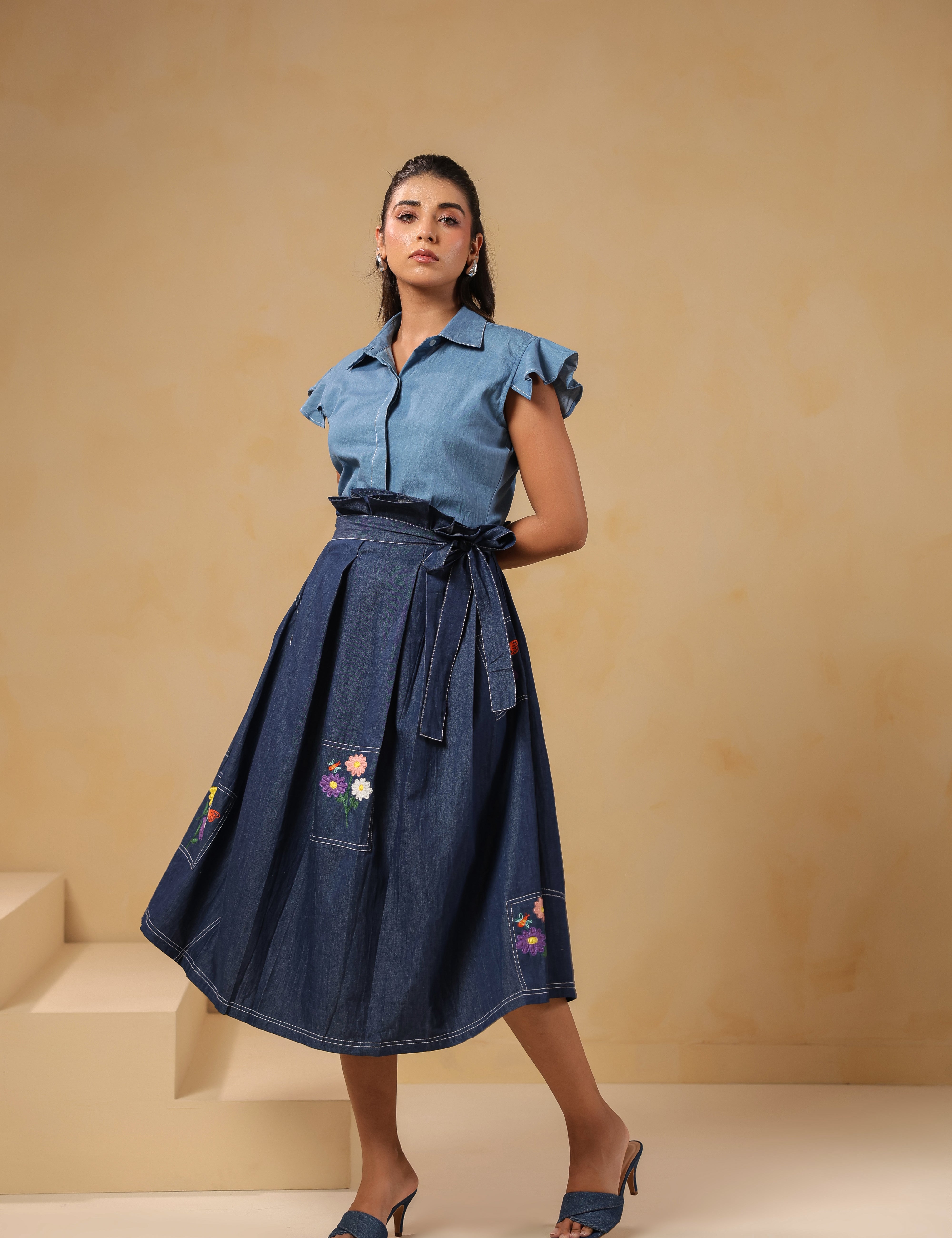 Flowing mid-movement pose in Meadowflair Coord Set capturing skirt volume and handcrafted embroidery — where art meets motion.