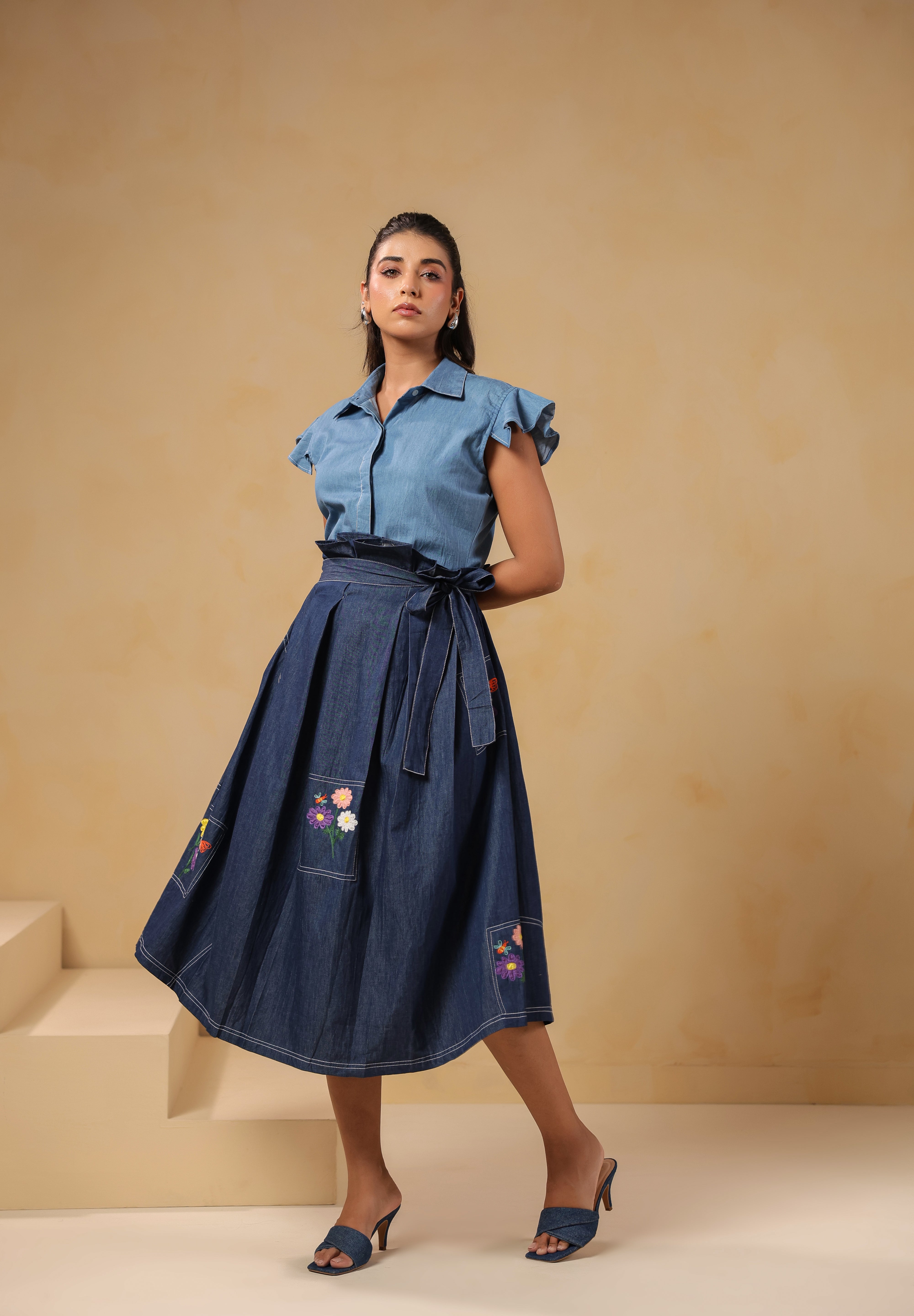 Flowing mid-movement pose in Meadowflair Coord Set capturing skirt volume and handcrafted embroidery — where art meets motion.
