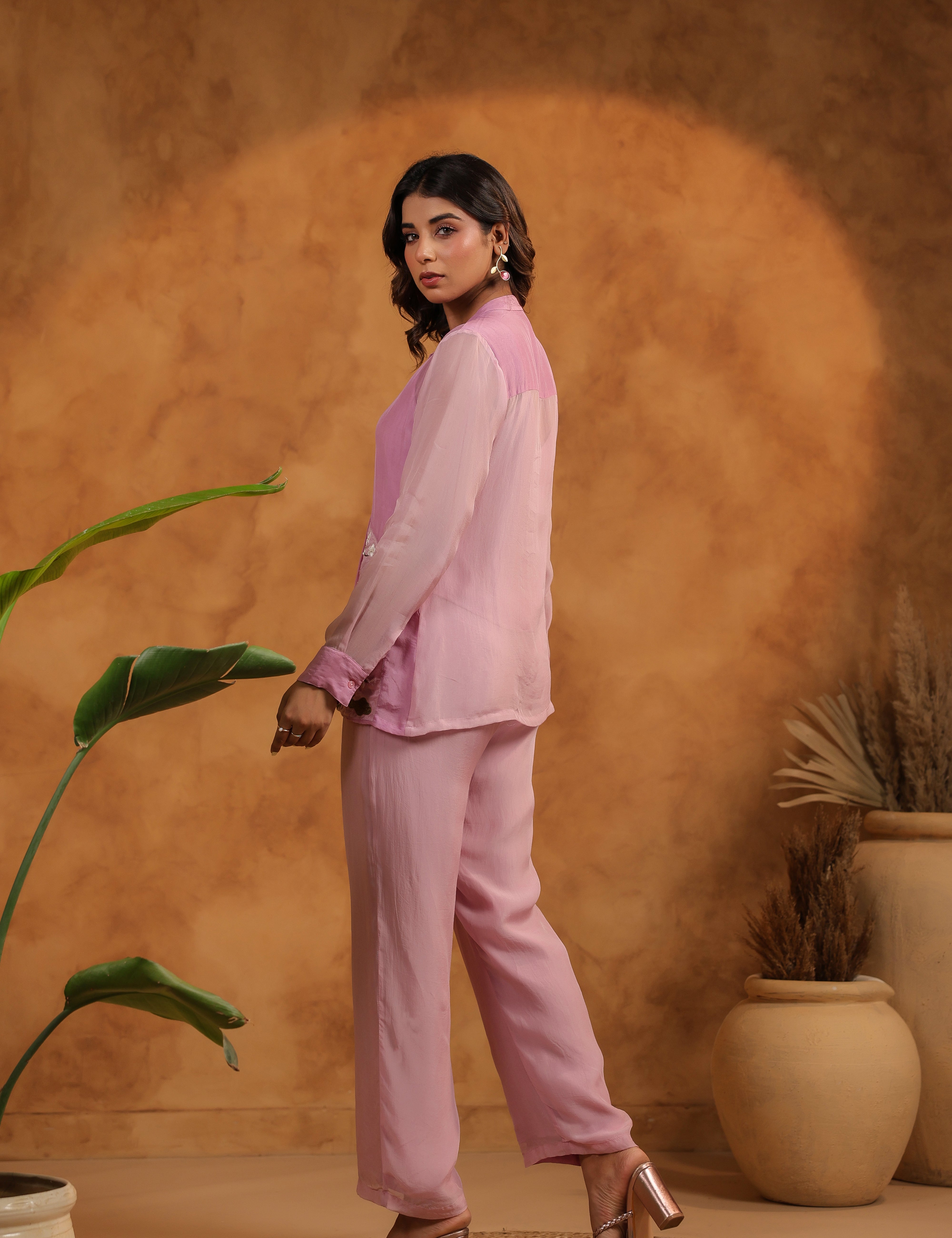 Back view highlighting sheer details of Orchid Bloom Panelled Set