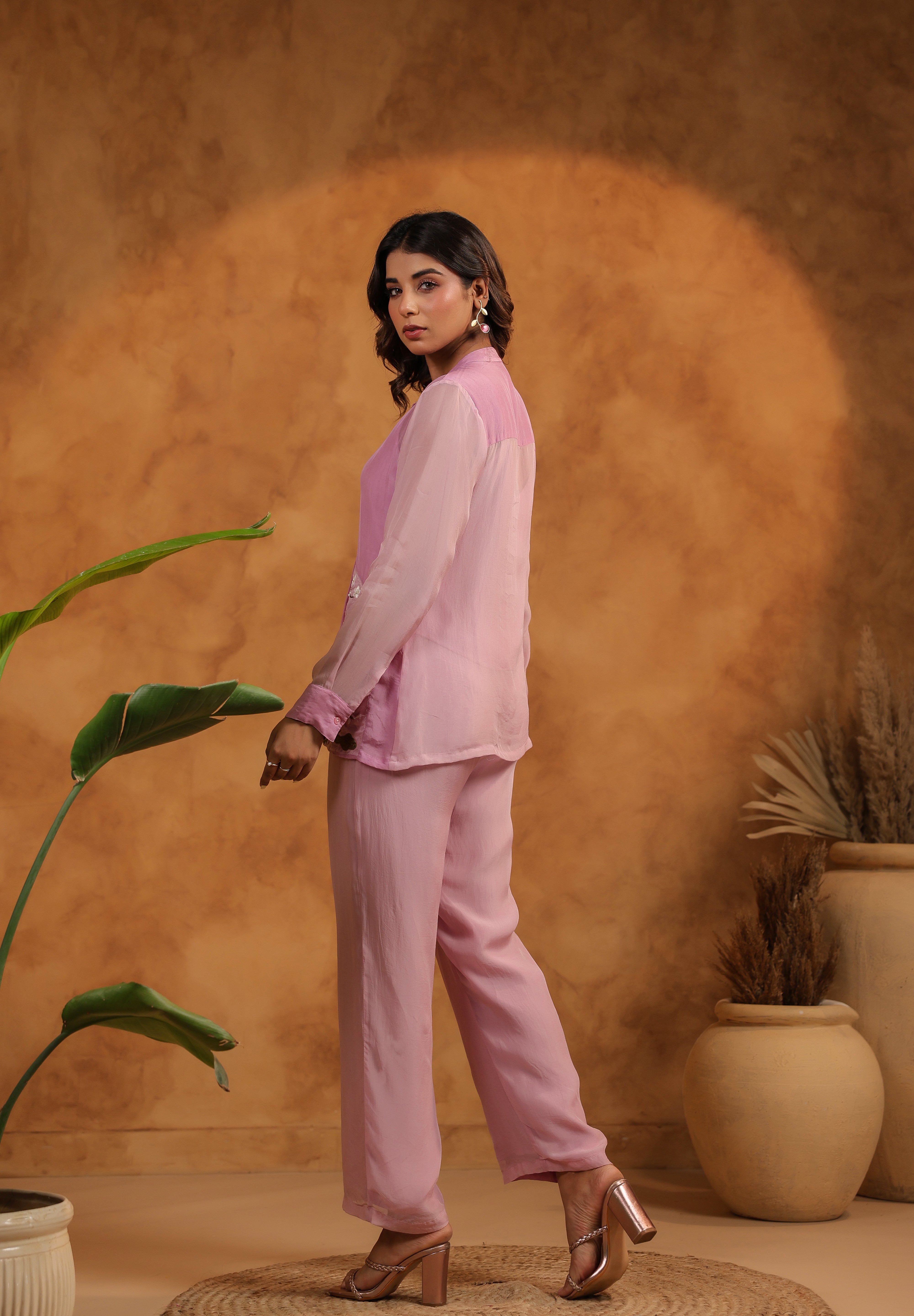 Back view highlighting sheer details of Orchid Bloom Panelled Set