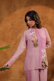 Side profile showing flowy Orchid Bloom Panelled Set
