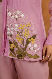 Detailed embroidery view of Orchid Bloom Panelled Set