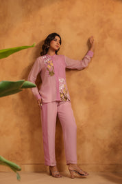 Orchid Bloom Panelled Set with raised arms revealing sleeve flow