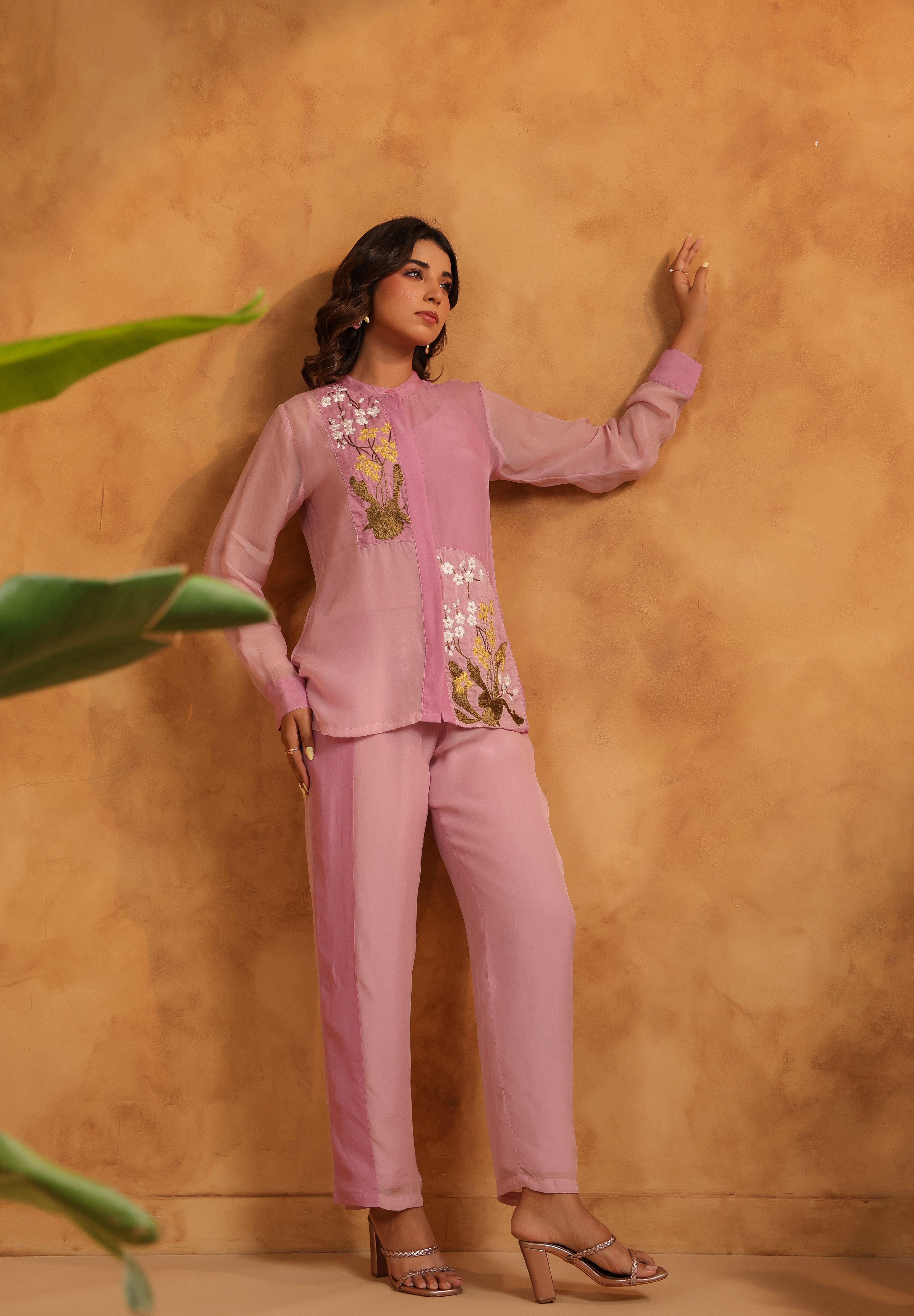 Orchid Bloom Panelled Set with raised arms revealing sleeve flow