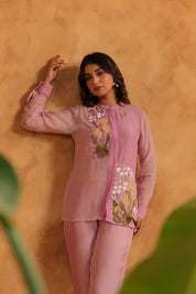 Model smiling in Orchid Bloom Panelled Set