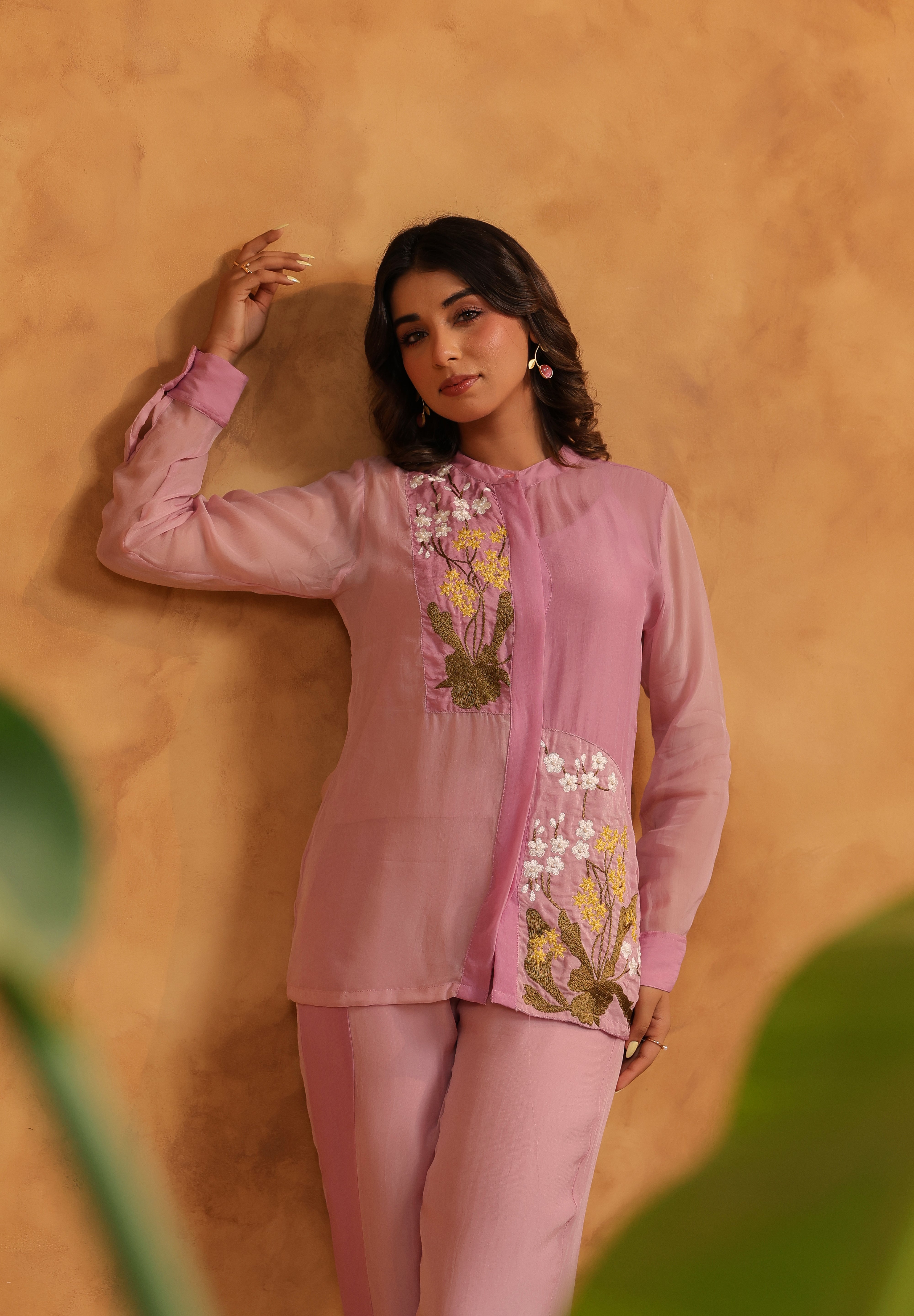 Model smiling in Orchid Bloom Panelled Set