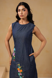 Close-up of neckline and embroidery on Rectaflora Midi Dress.