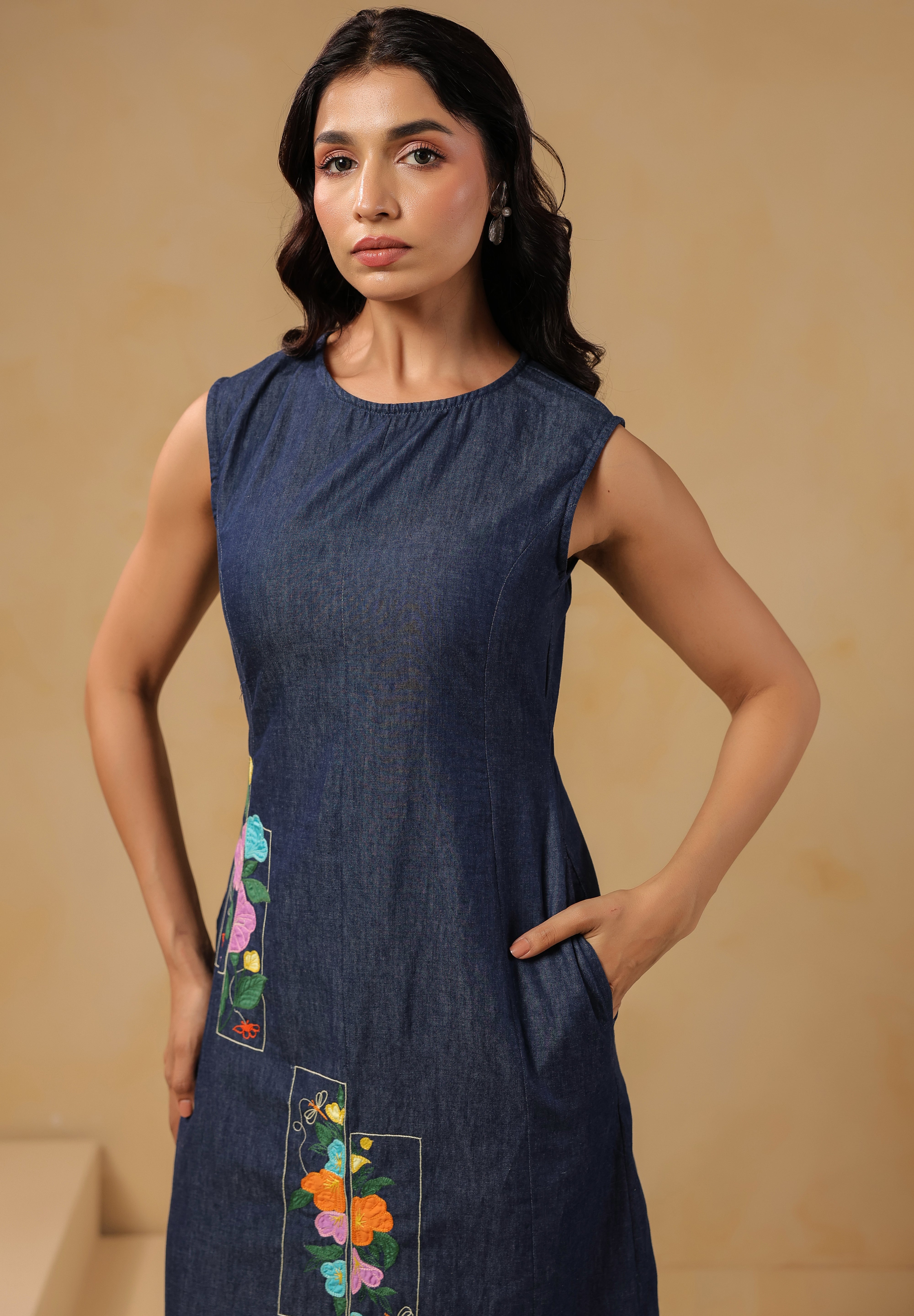 Close-up of neckline and embroidery on Rectaflora Midi Dress.