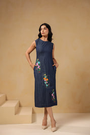 Front view of Rectaflora Panel Midi Dress with floral embroidery on denim.
